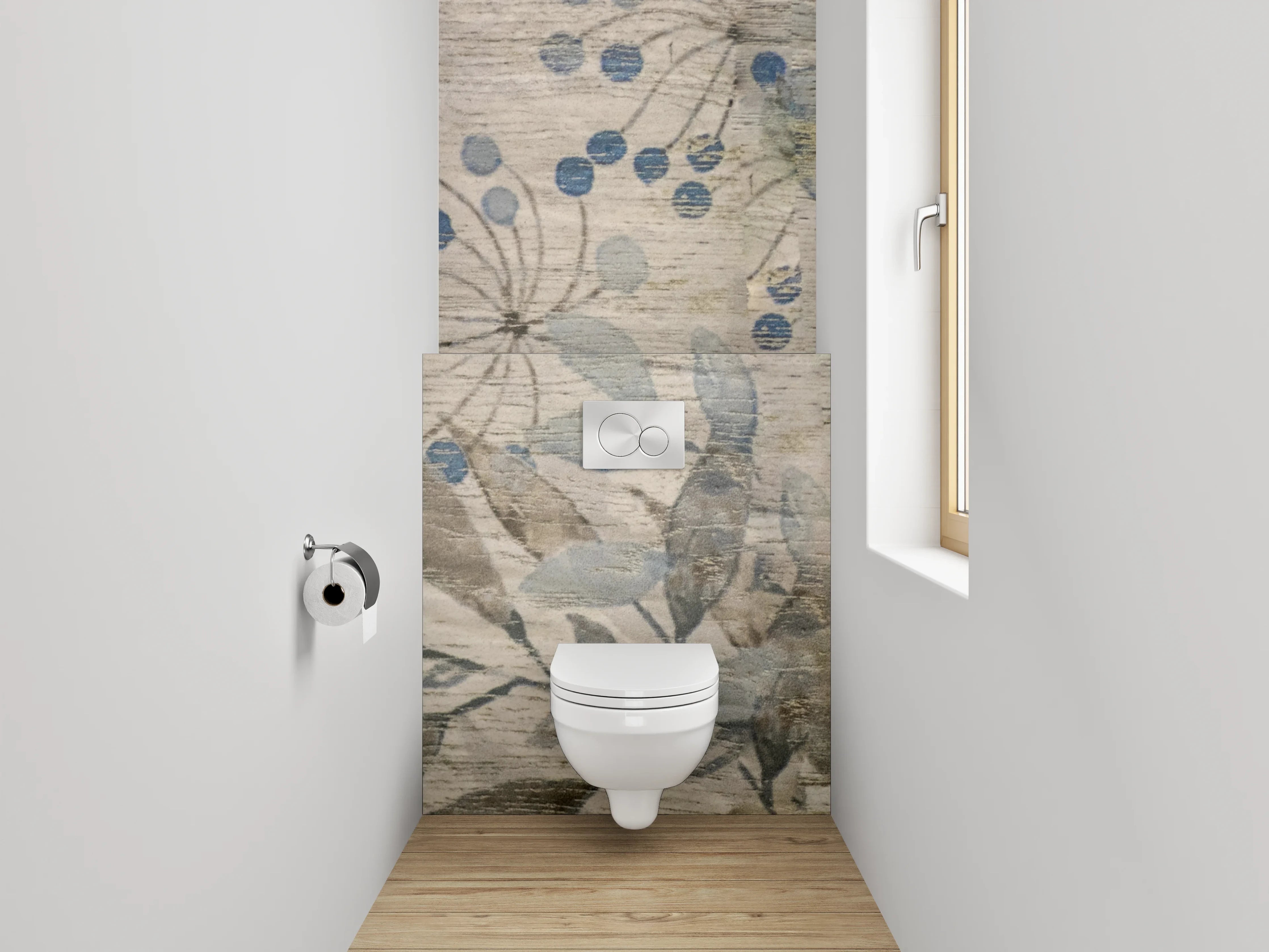 WC-Rückwand - Florales Aquarell auf Holzoptik – Beige Grau