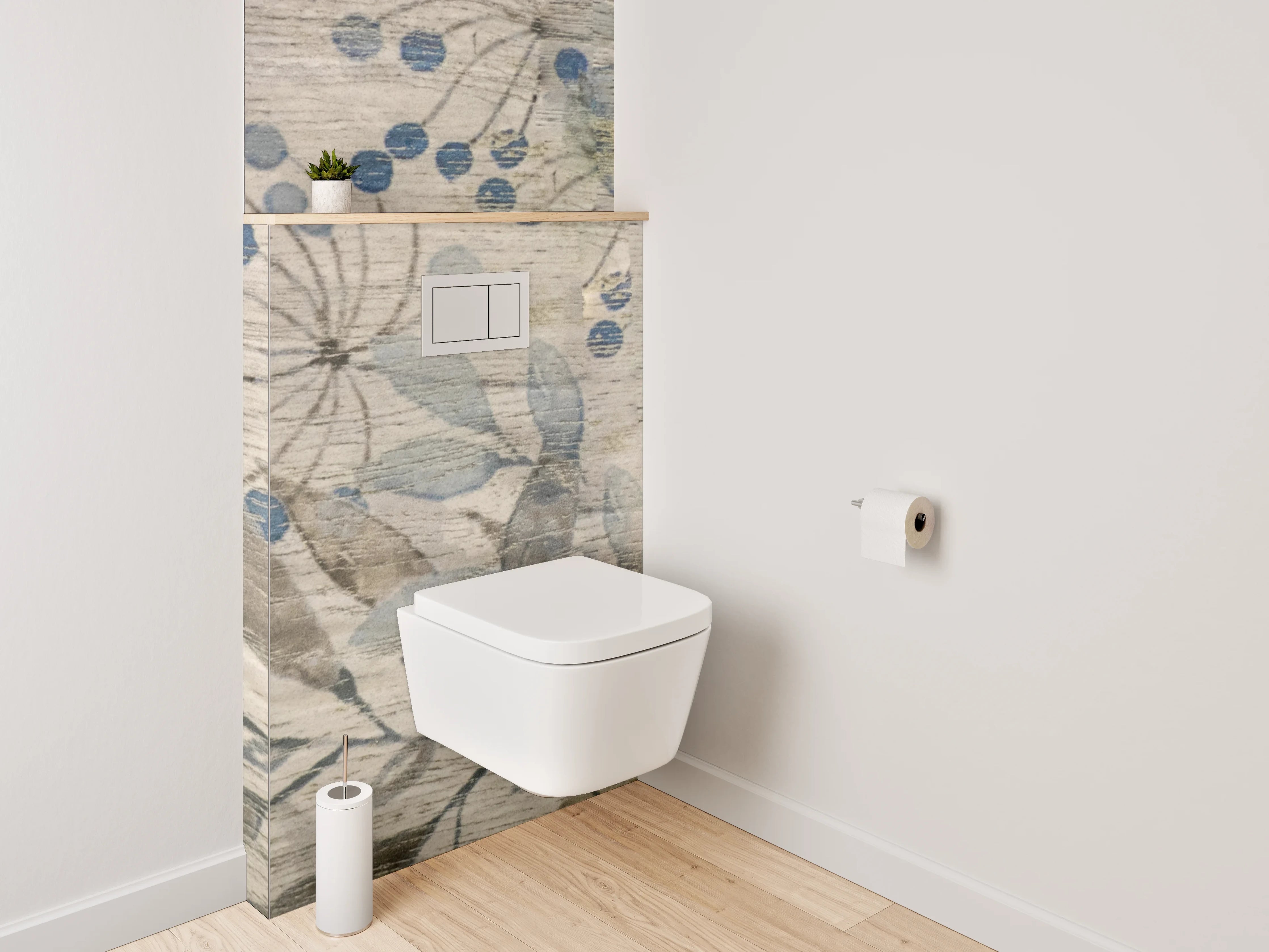 WC-Rückwand - Florales Aquarell auf Holzoptik – Beige Grau