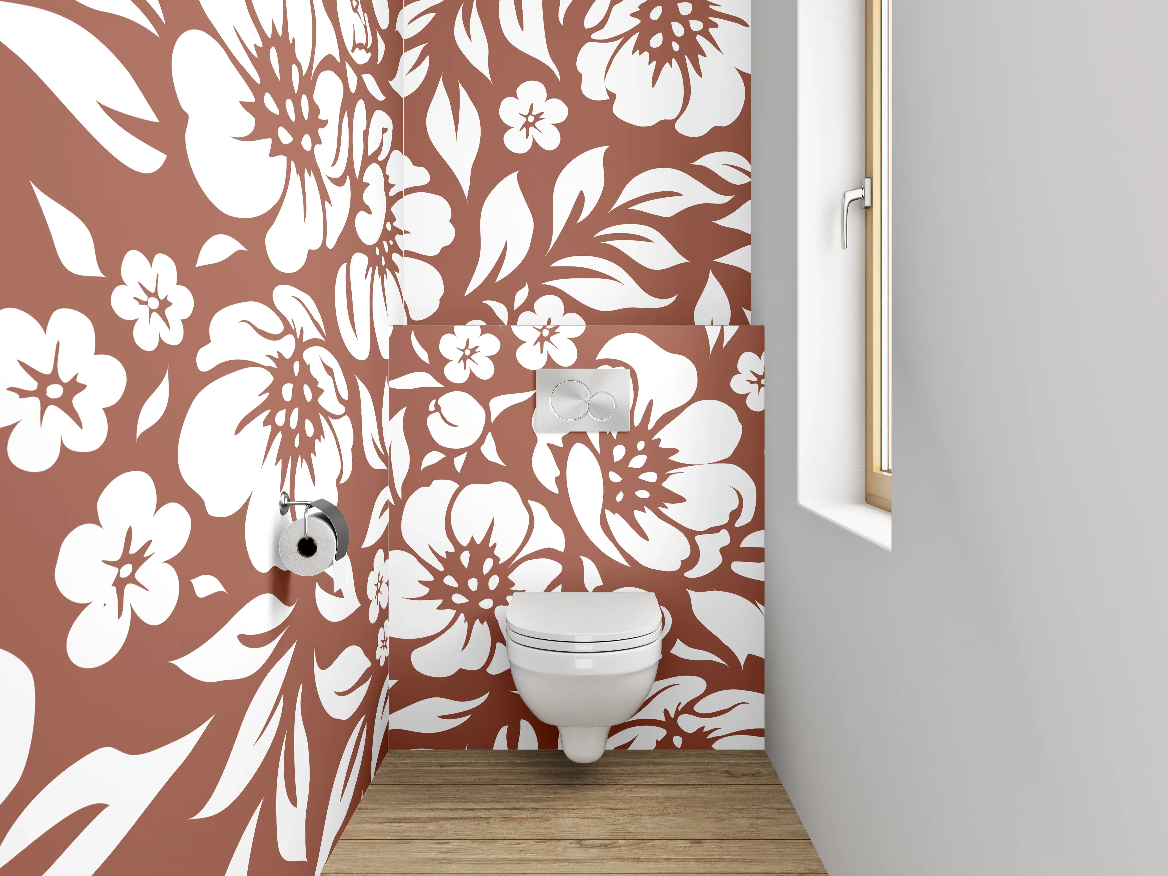 WC-Rückwand - Florales Blütenmuster Braun-Weiß Dekor