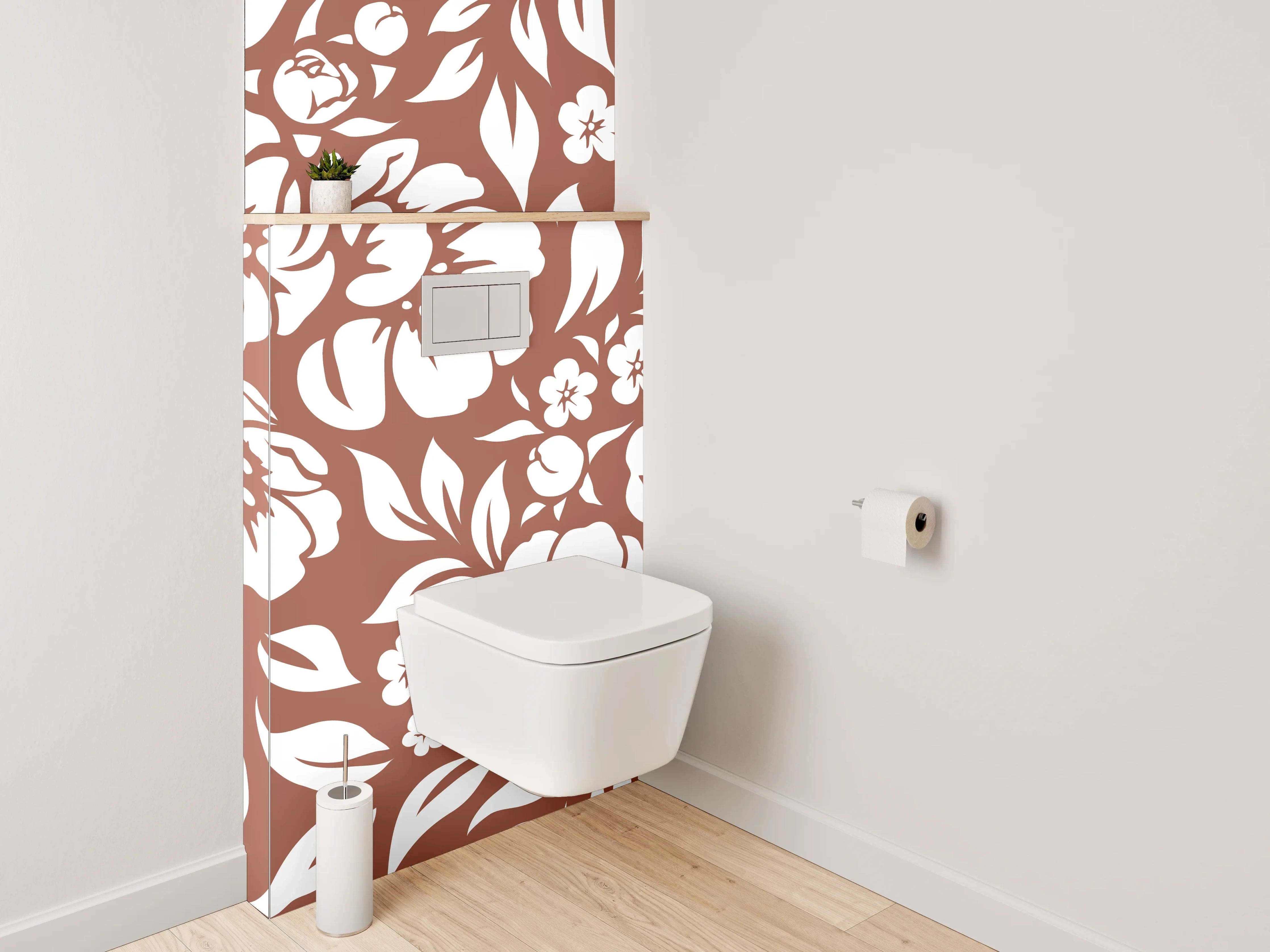 WC-Rückwand - Florales Blütenmuster Braun-Weiß Dekor