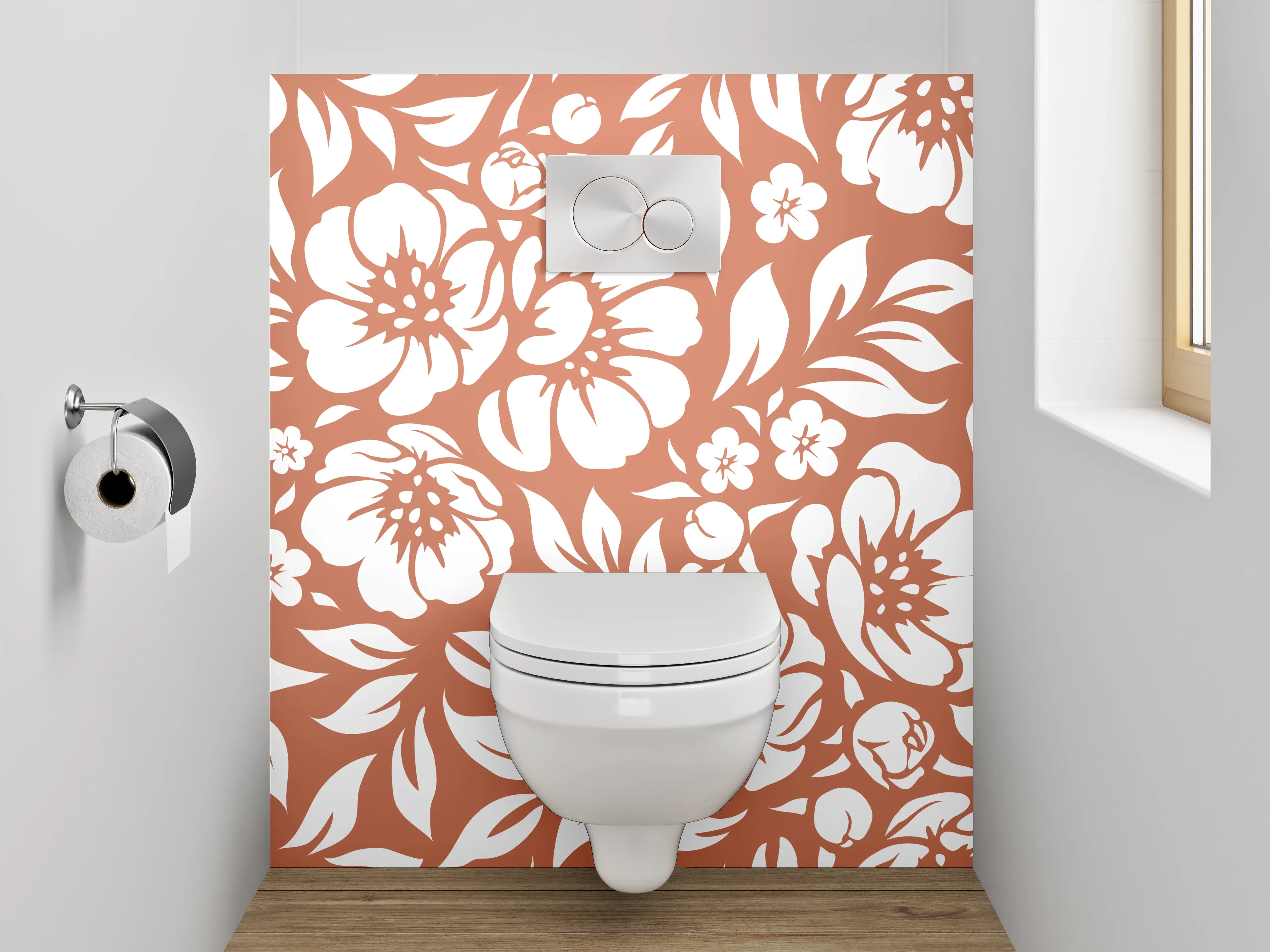 WC-Rückwand - Florales Blütenmuster Braun Weiß