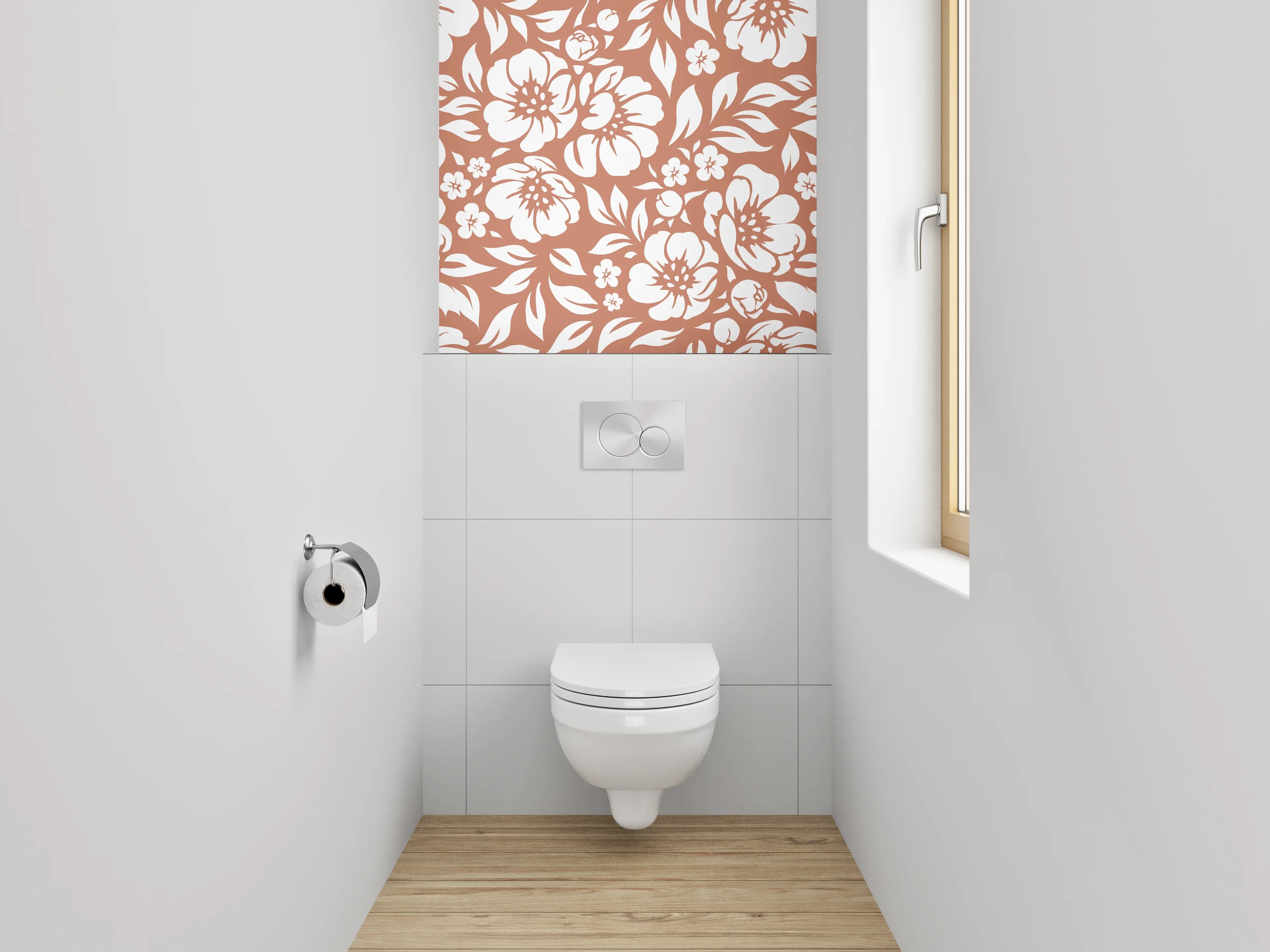 WC-Rückwand - Florales Blütenmuster Braun Weiß