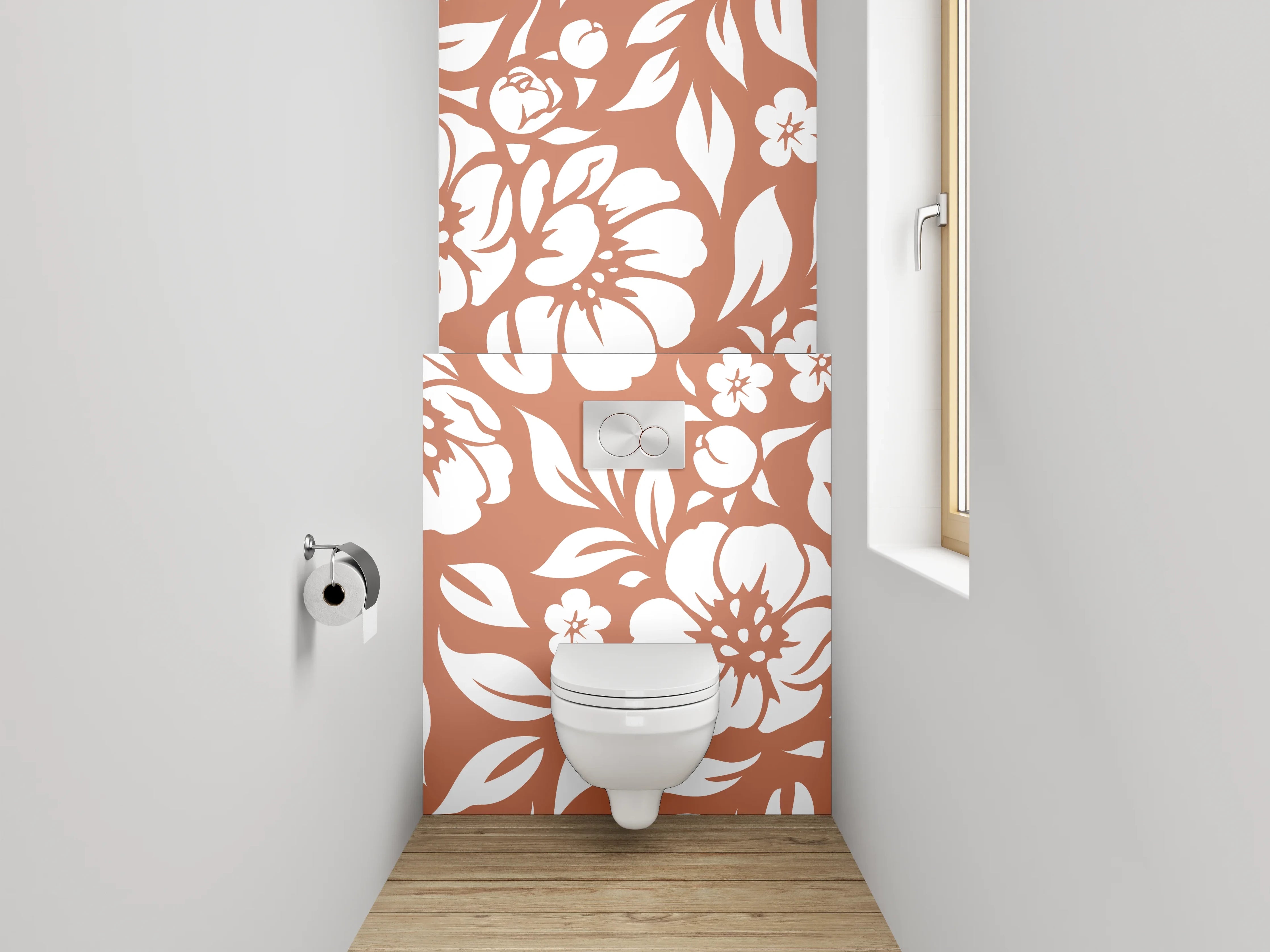 WC-Rückwand - Florales Blütenmuster Braun Weiß