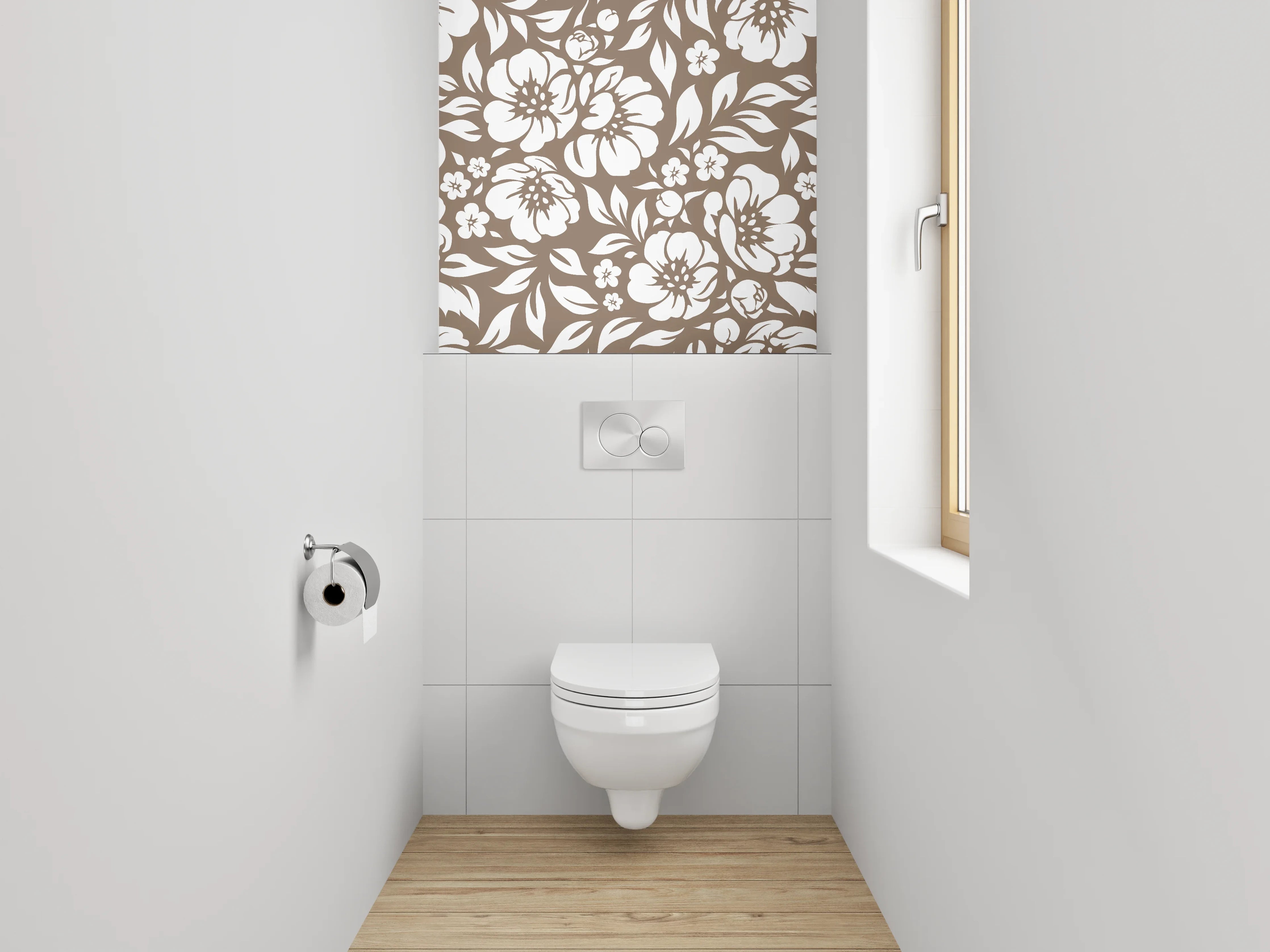 WC-Rückwand - Florales Blumenmuster Braun Weiß