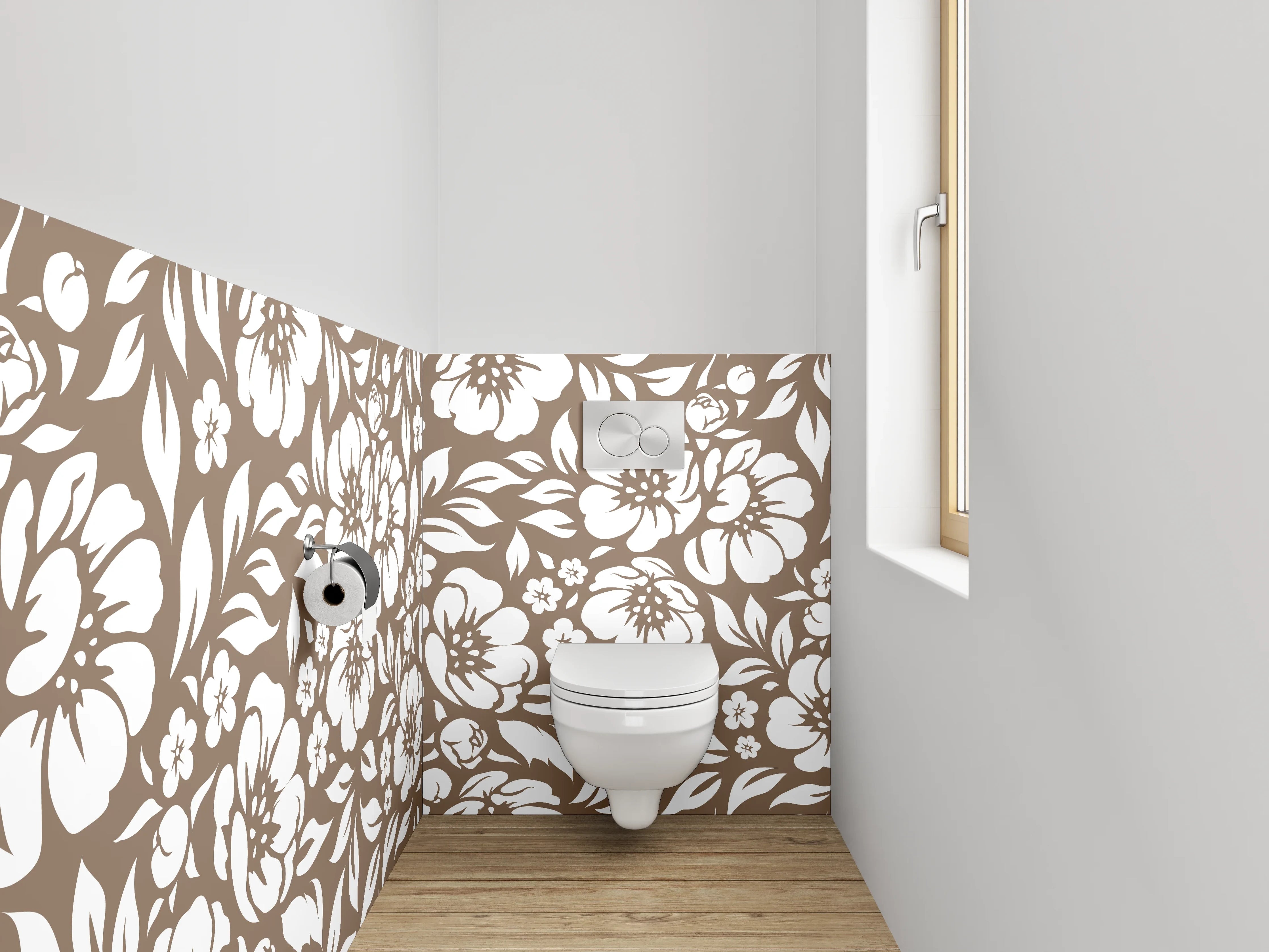 WC-Rückwand - Florales Blumenmuster Braun Weiß