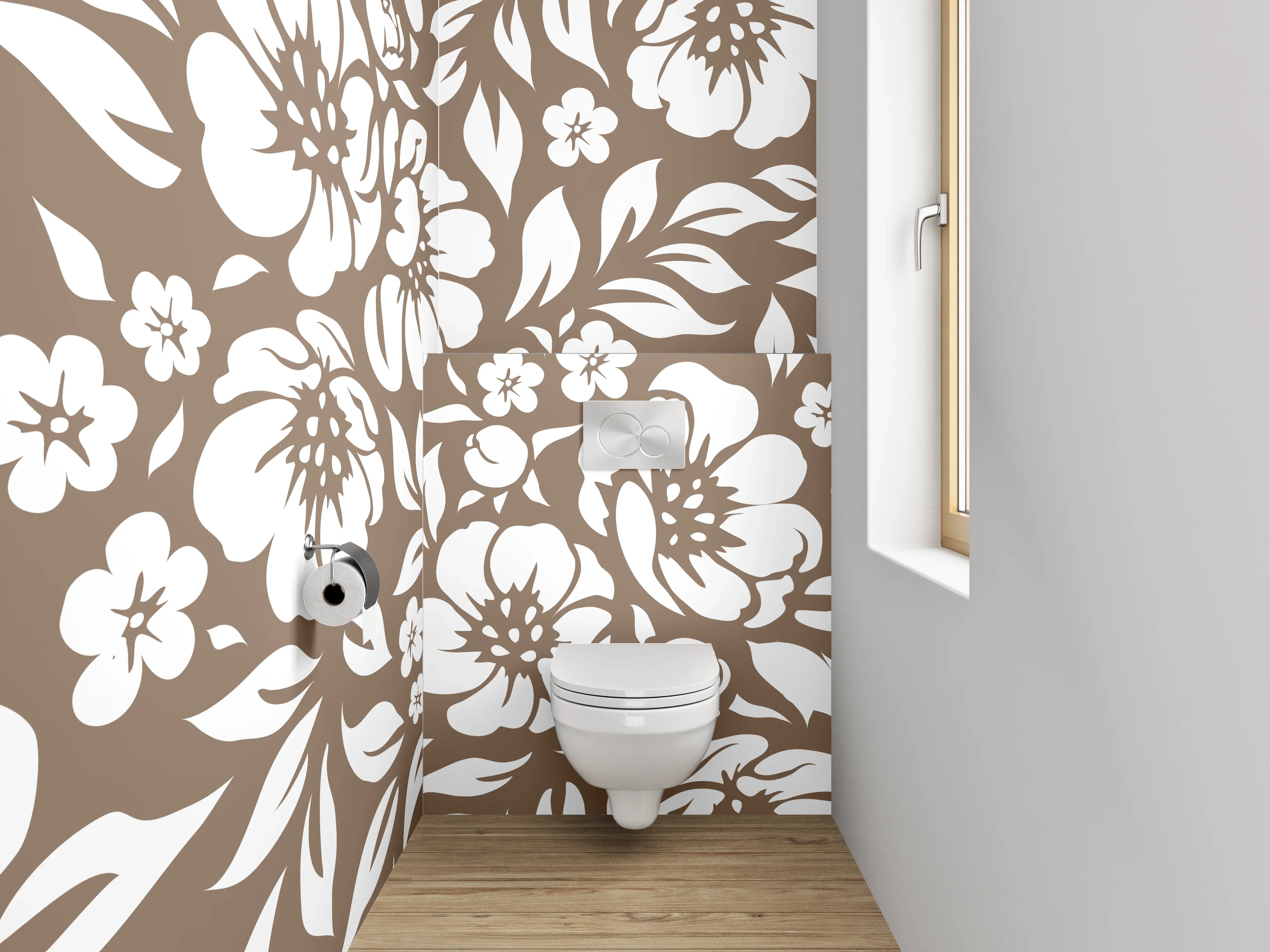 WC-Rückwand - Florales Blumenmuster Braun Weiß