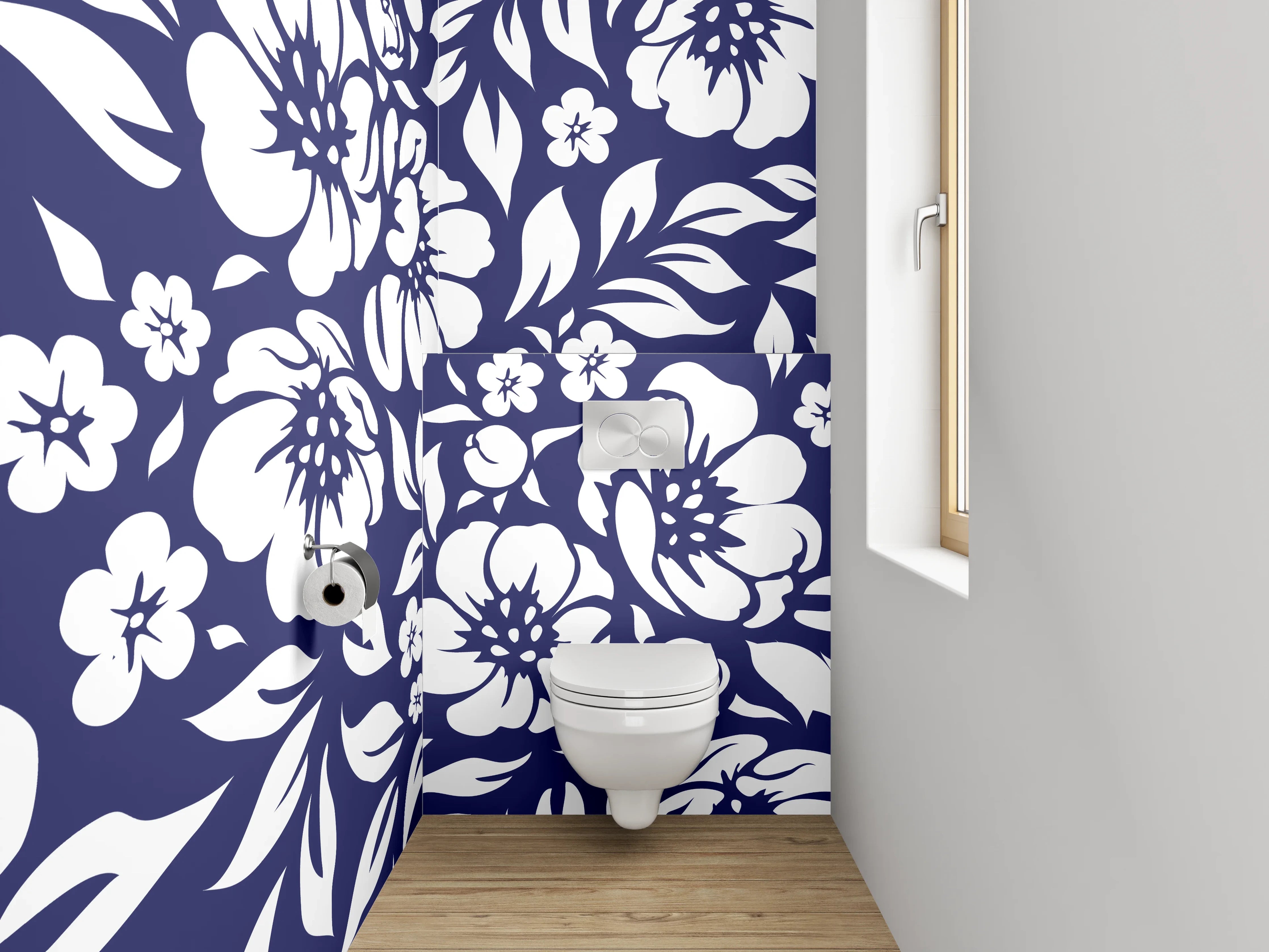 WC-Rückwand - Florales Blumenmuster Navy Weiß