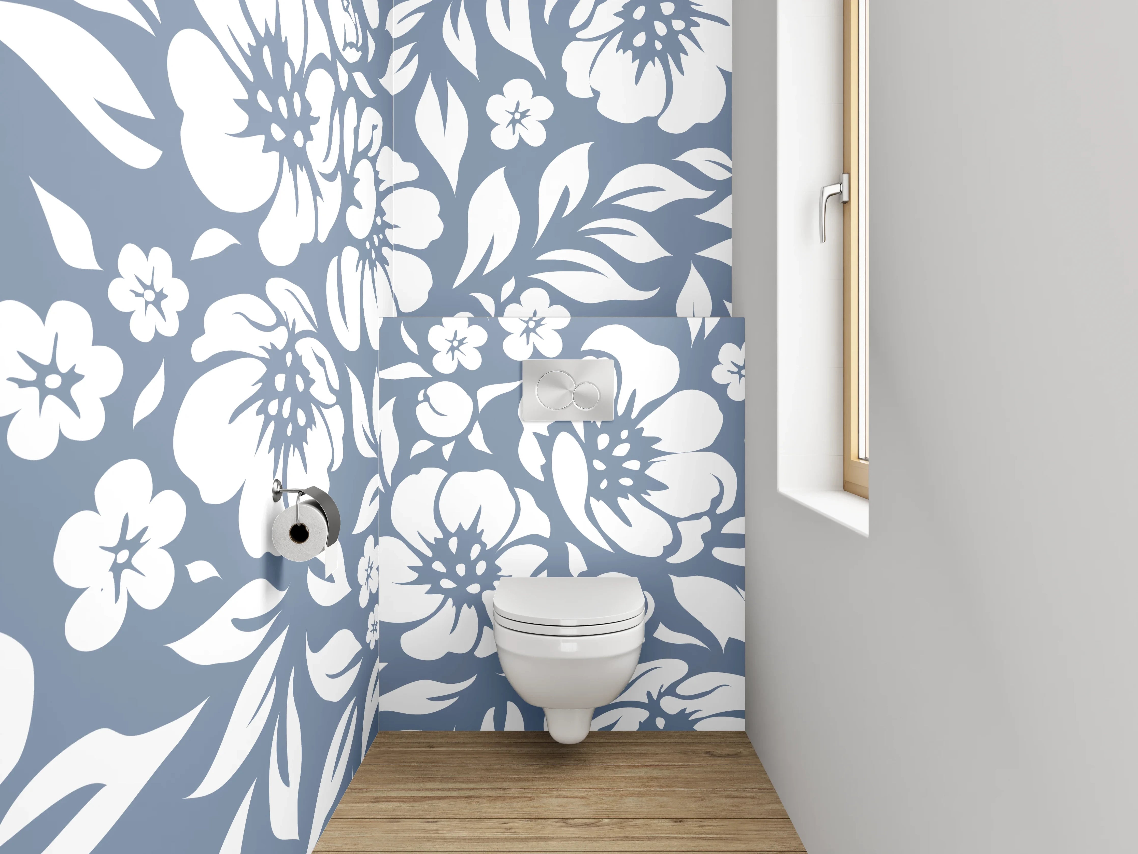 WC-Rückwand - Florales Blumenmuster Weiß-Grau