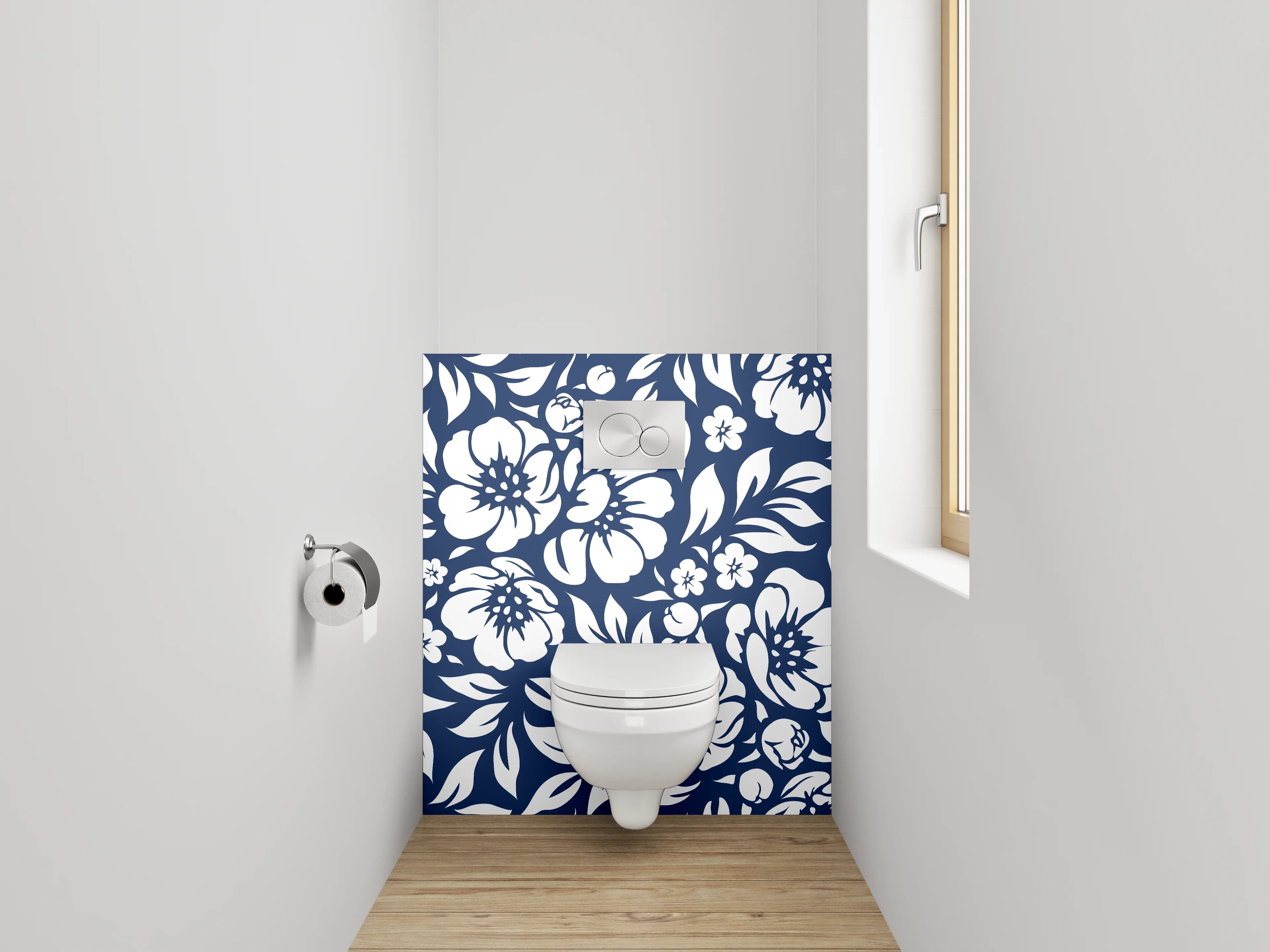 WC-Rückwand - Florales Blumenmuster in Blau-Weiß