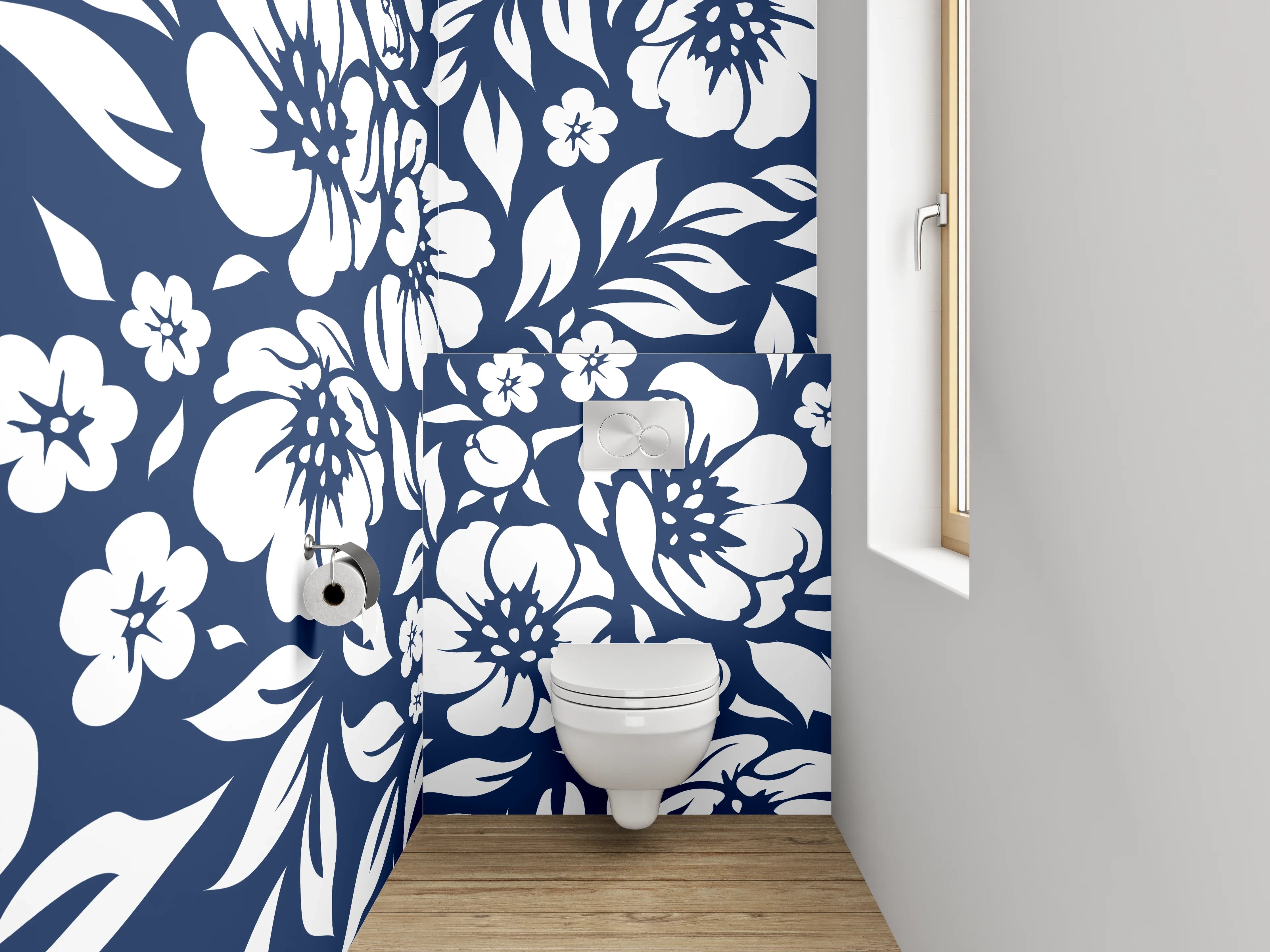 WC-Rückwand - Florales Blumenmuster in Blau-Weiß