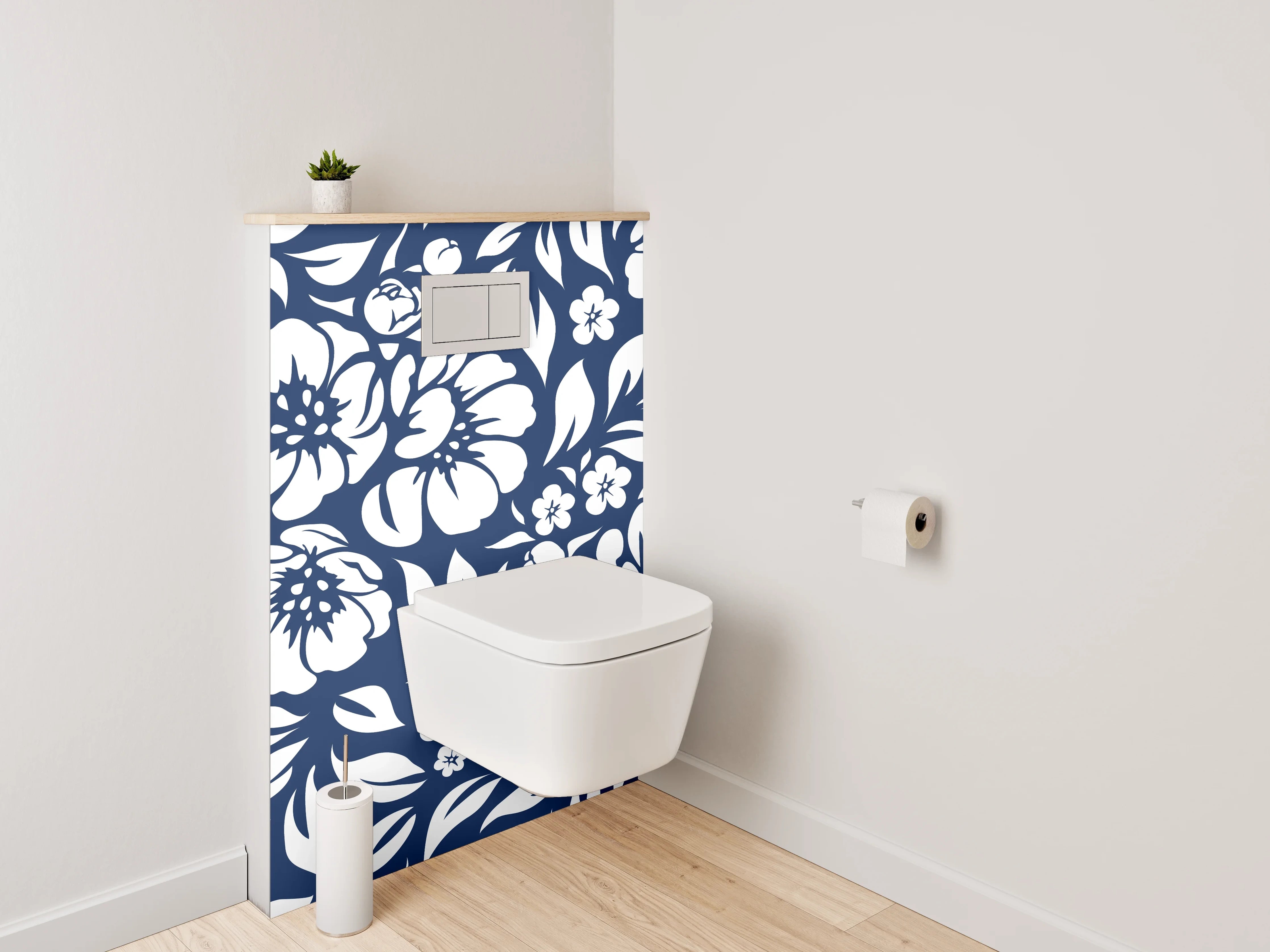 WC-Rückwand - Florales Blumenmuster in Blau-Weiß