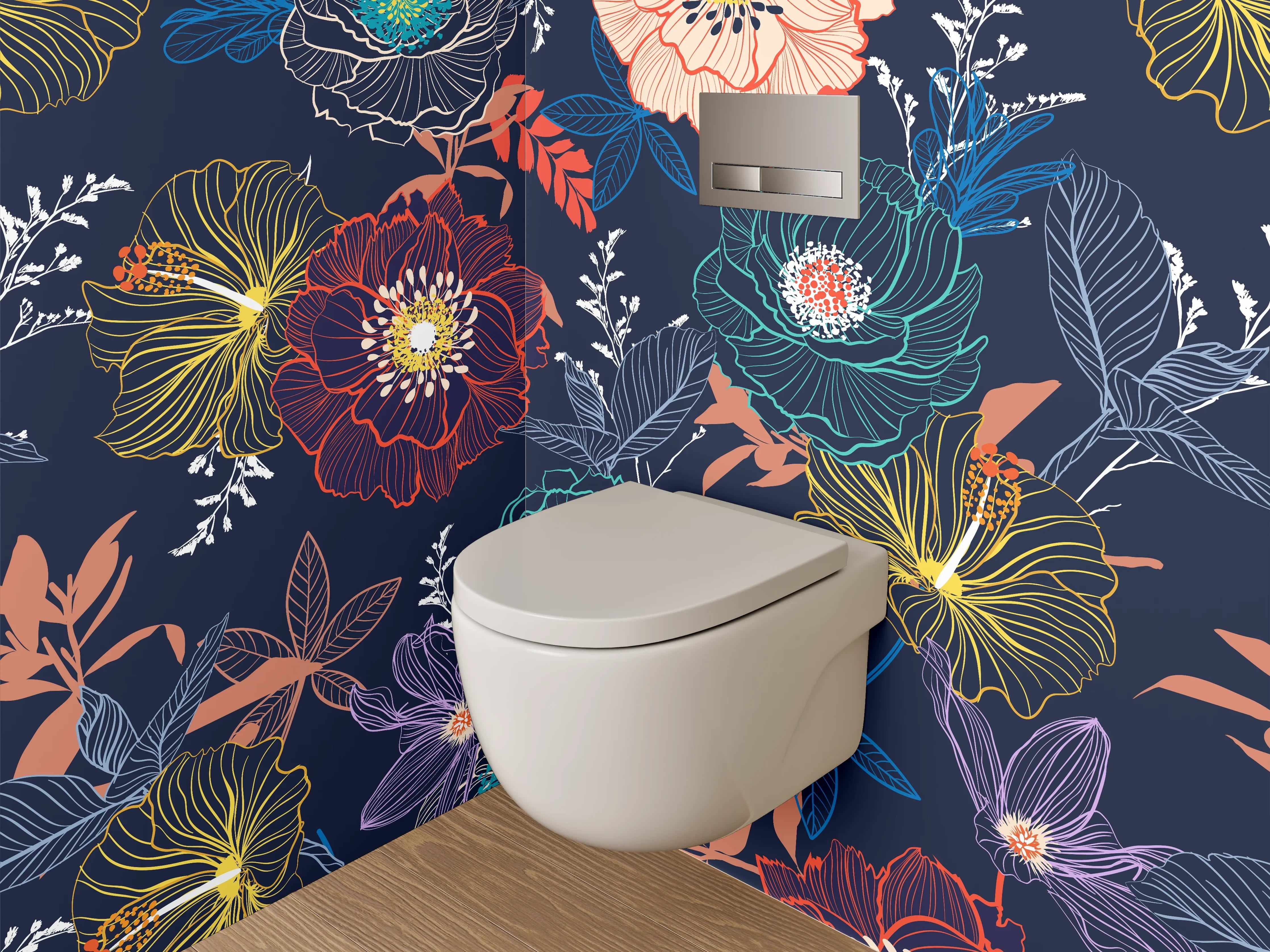 WC-Rückwand - Florales Boho-Blumenmuster Dunkelblau