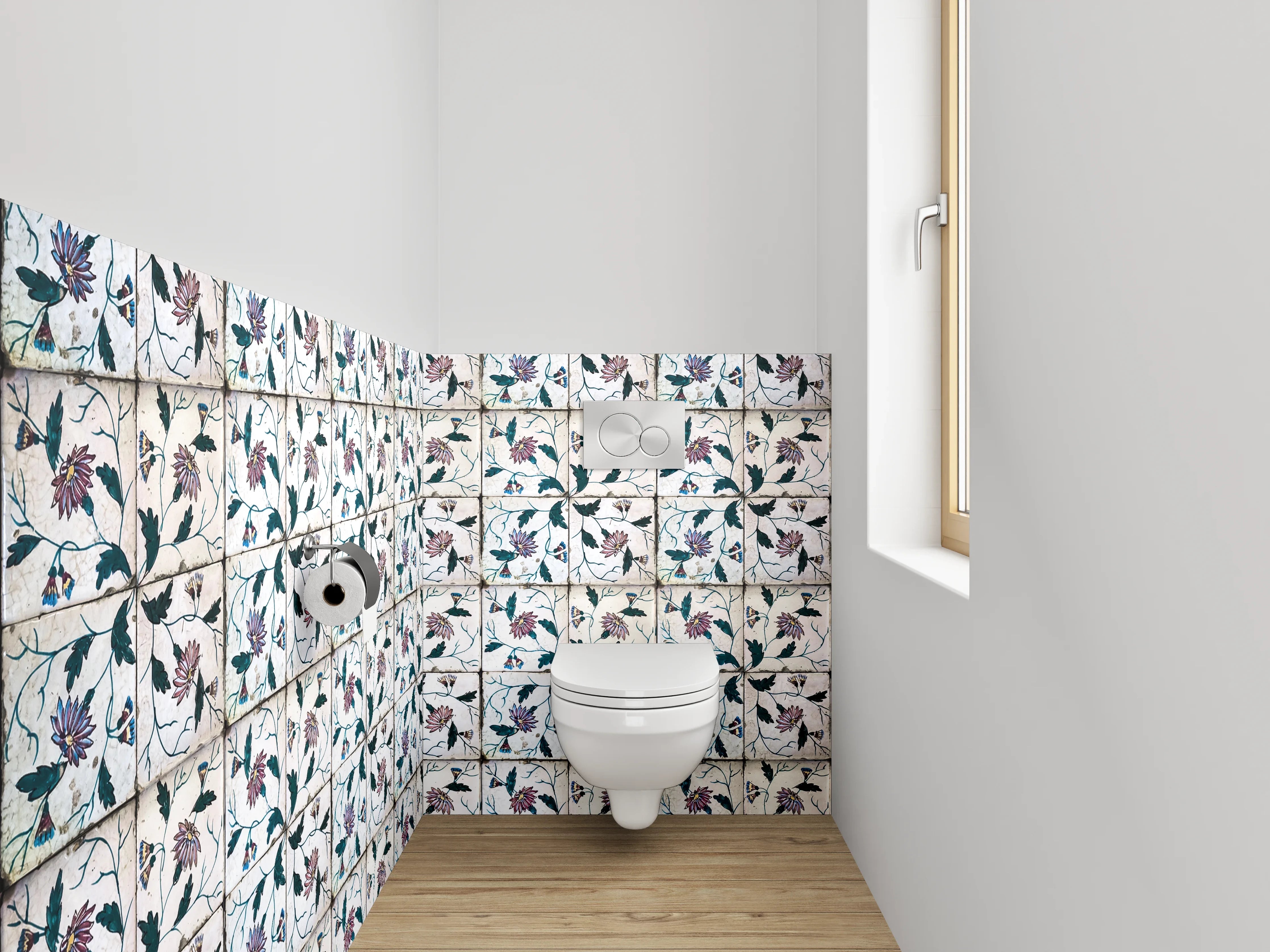 WC-Rückwand - Florales Fliesenmuster in Vintage-Optik