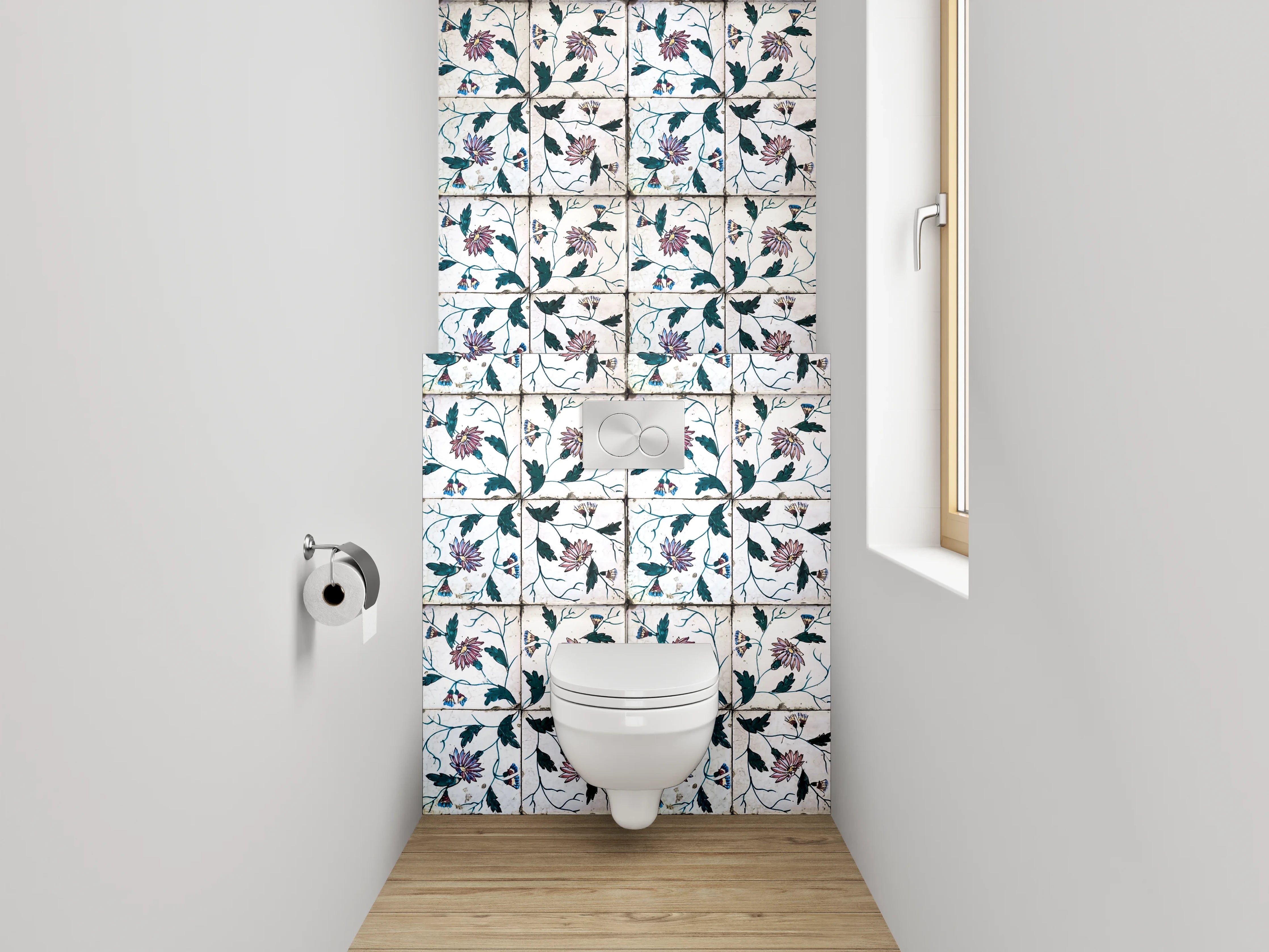 WC-Rückwand - Florales Fliesenmuster in Vintage-Optik
