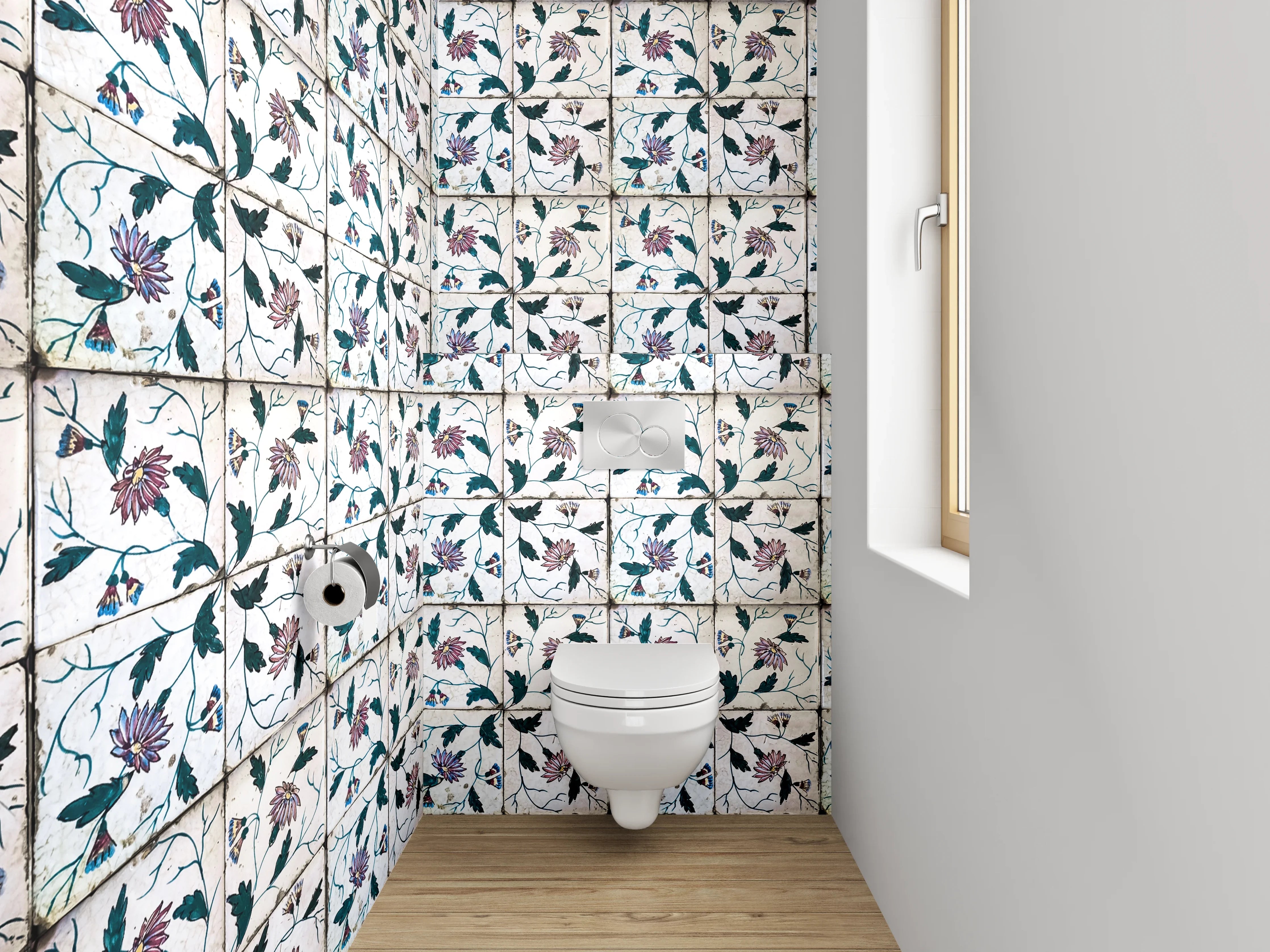 WC-Rückwand - Florales Fliesenmuster in Vintage-Optik
