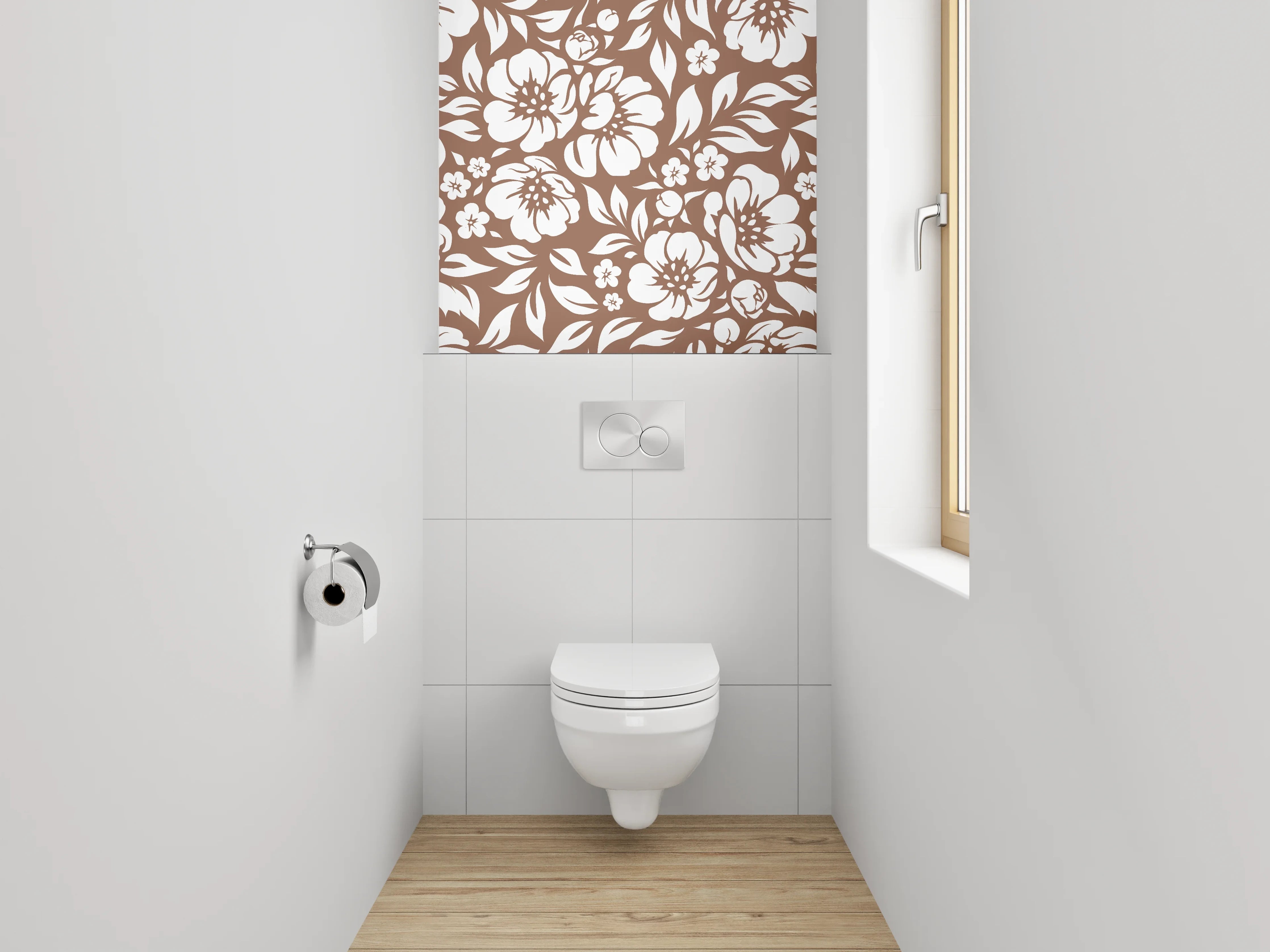 WC-Rückwand - Florales Muster Braun Weiß