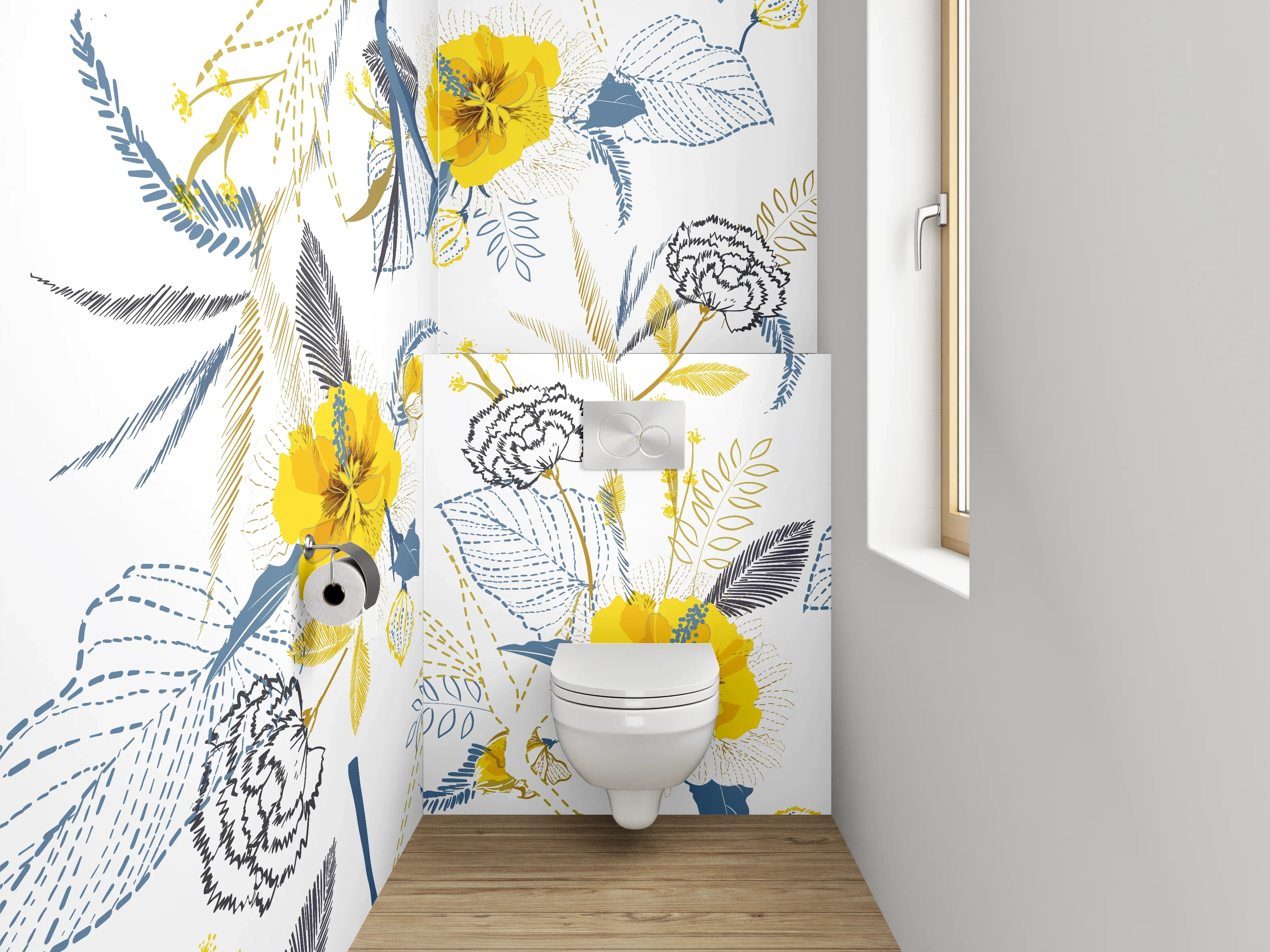 WC-Rückwand - Florales Muster Gelb Grau Weiß