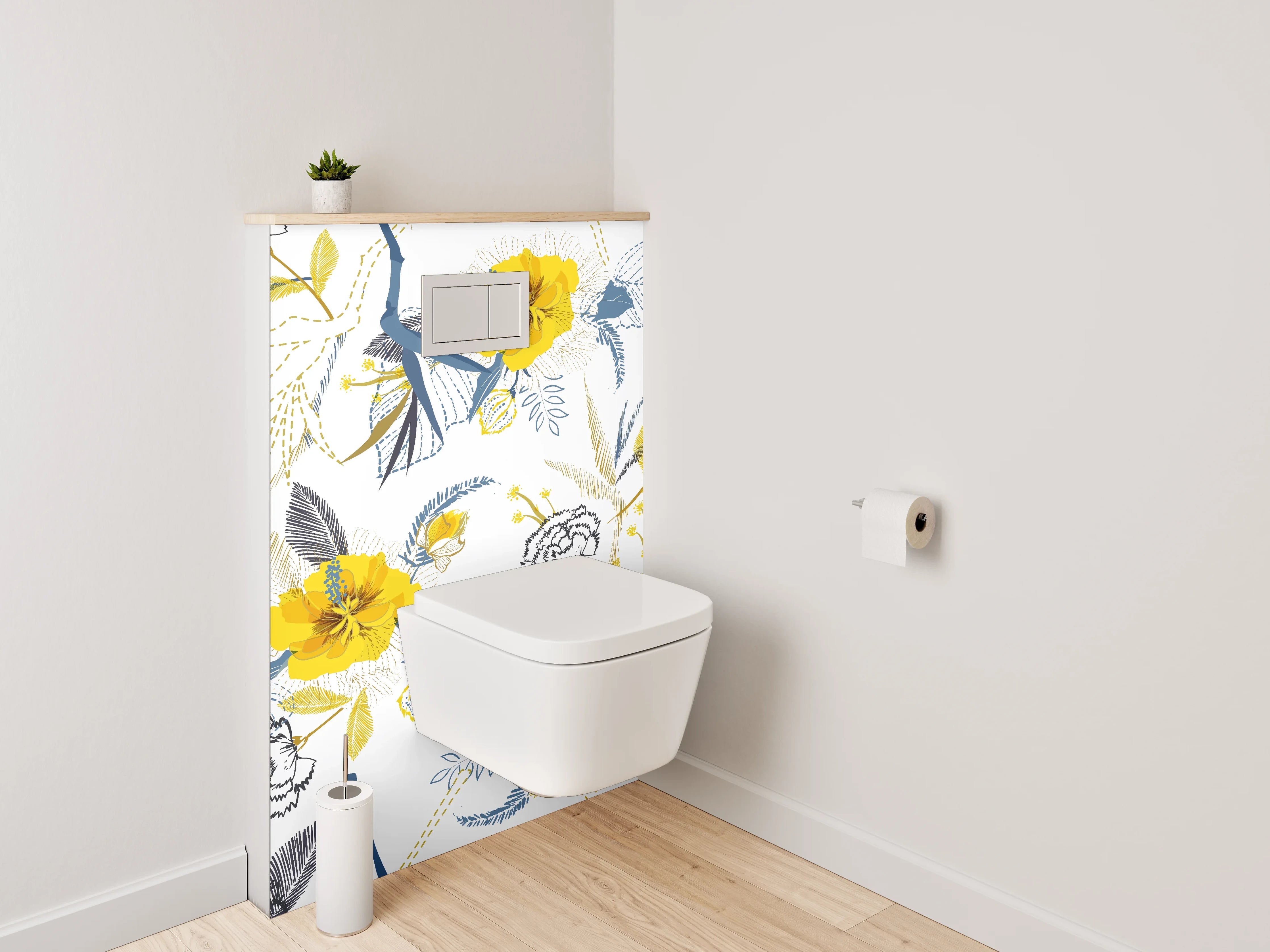 WC-Rückwand - Florales Muster Gelb Grau Weiß