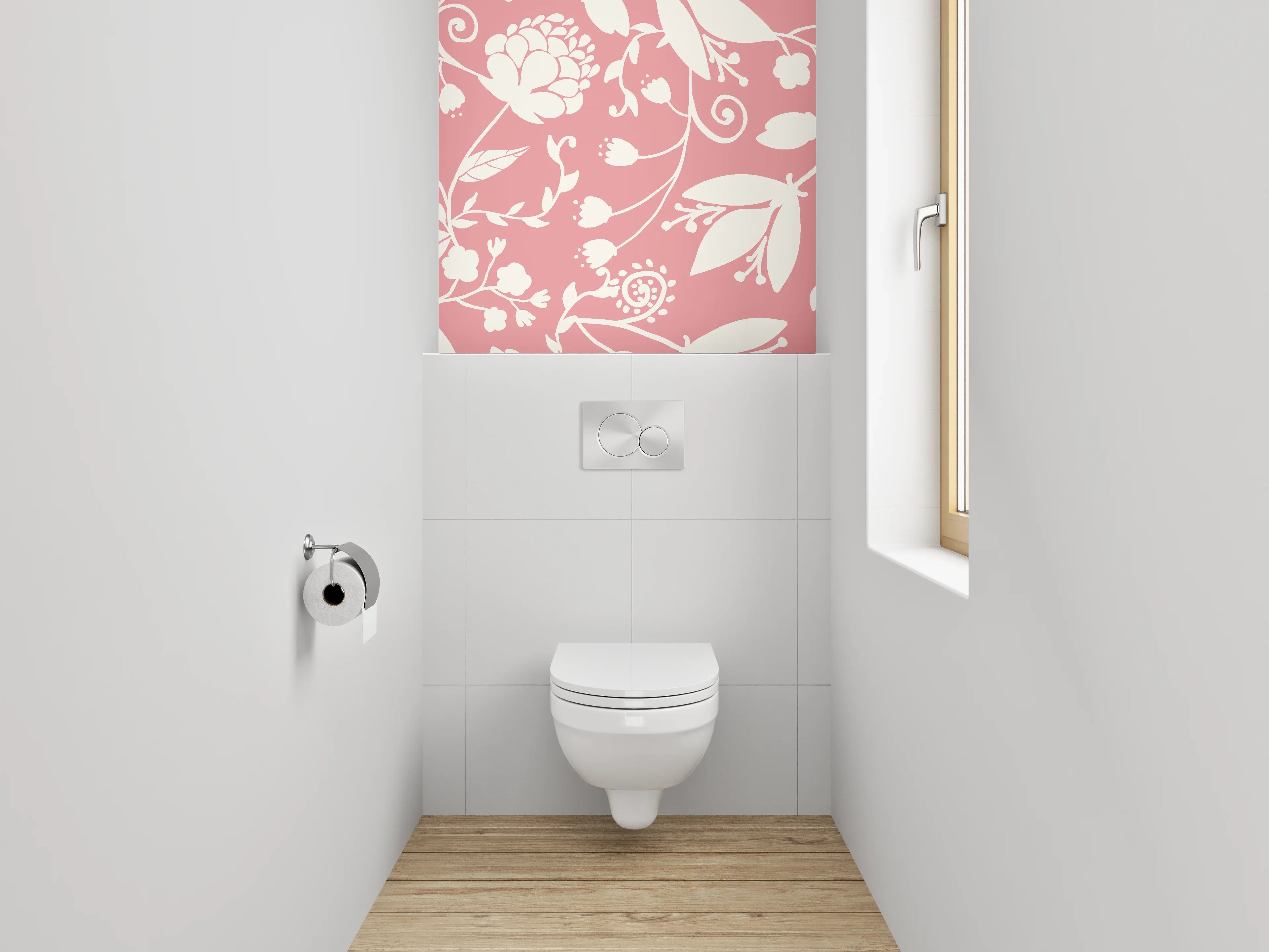 WC-Rückwand - Florales Muster Rosa Weiß Deko