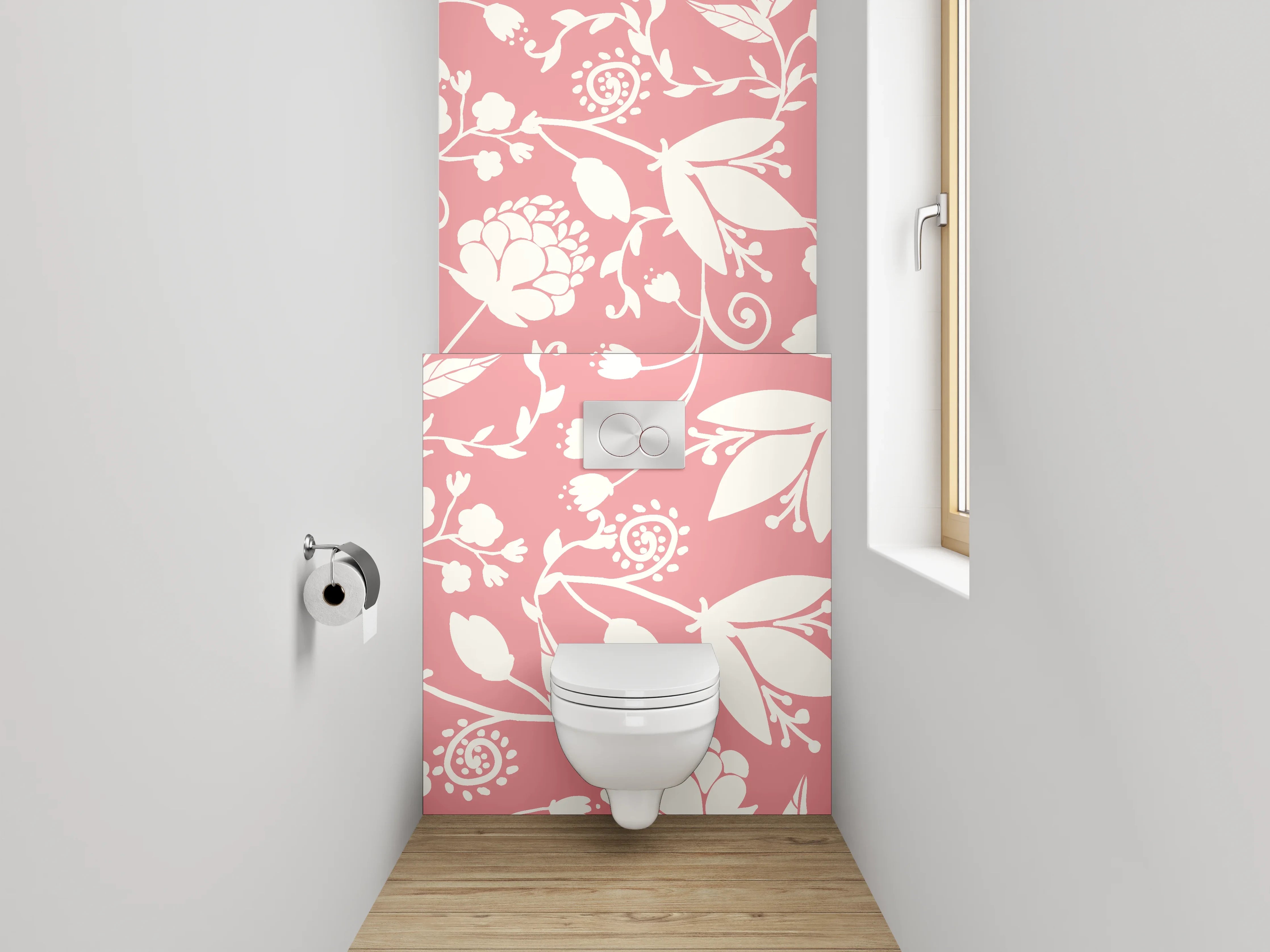 WC-Rückwand - Florales Muster Rosa Weiß Deko