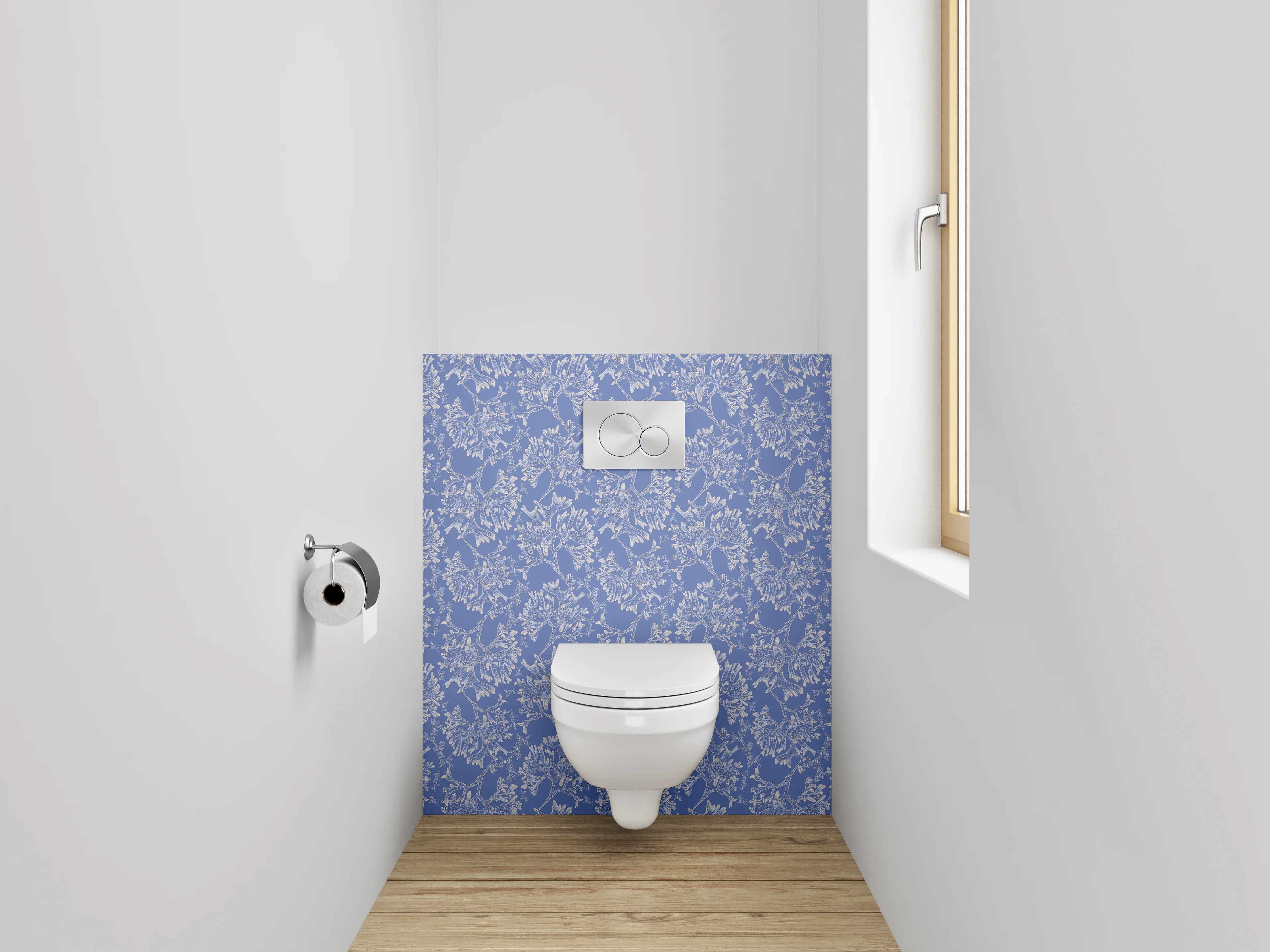 WC-Rückwand - Florales Muster auf Blau – Eleganz pur