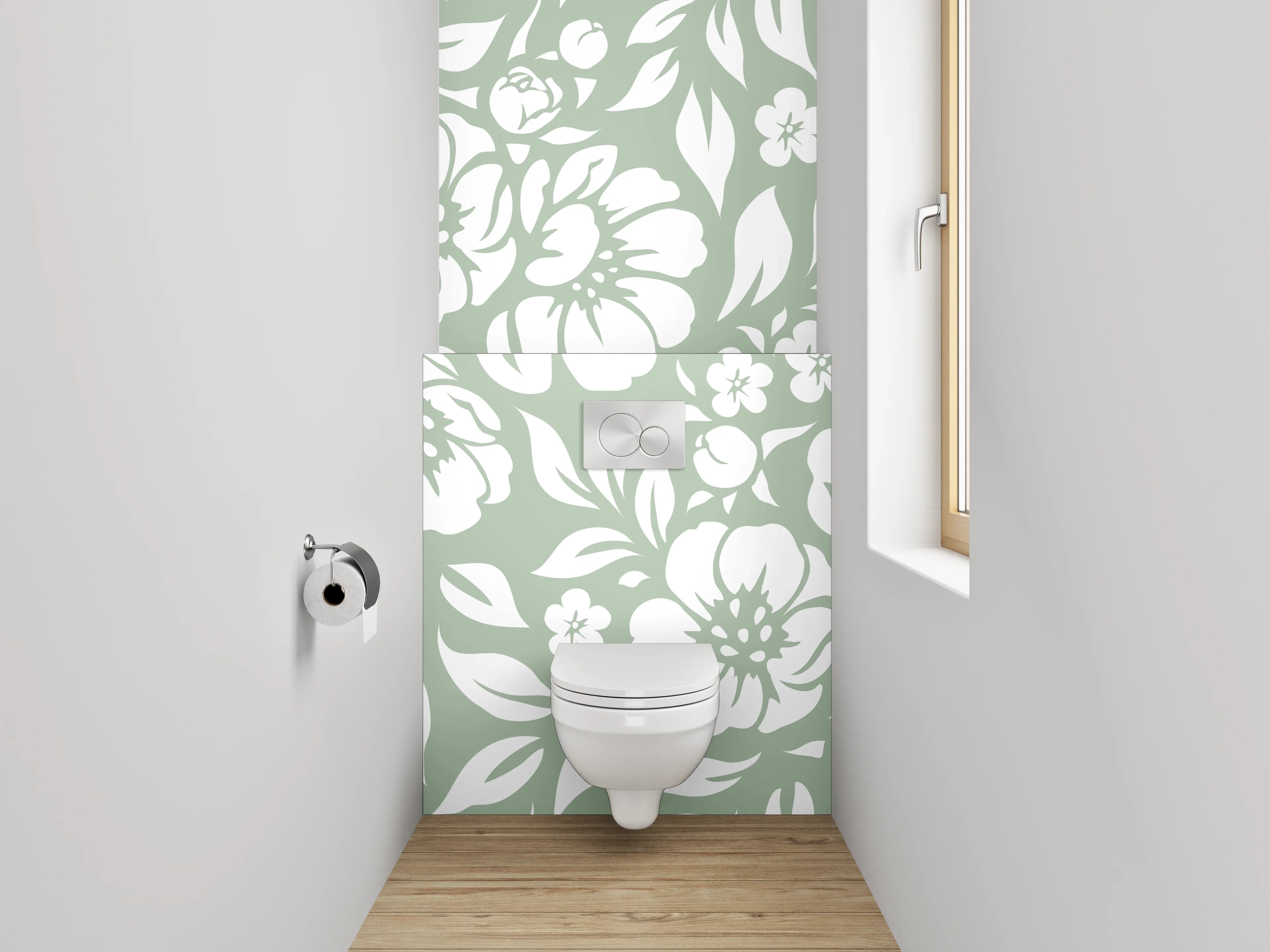WC-Rückwand - Florales Muster grün-weiß Wanddesign