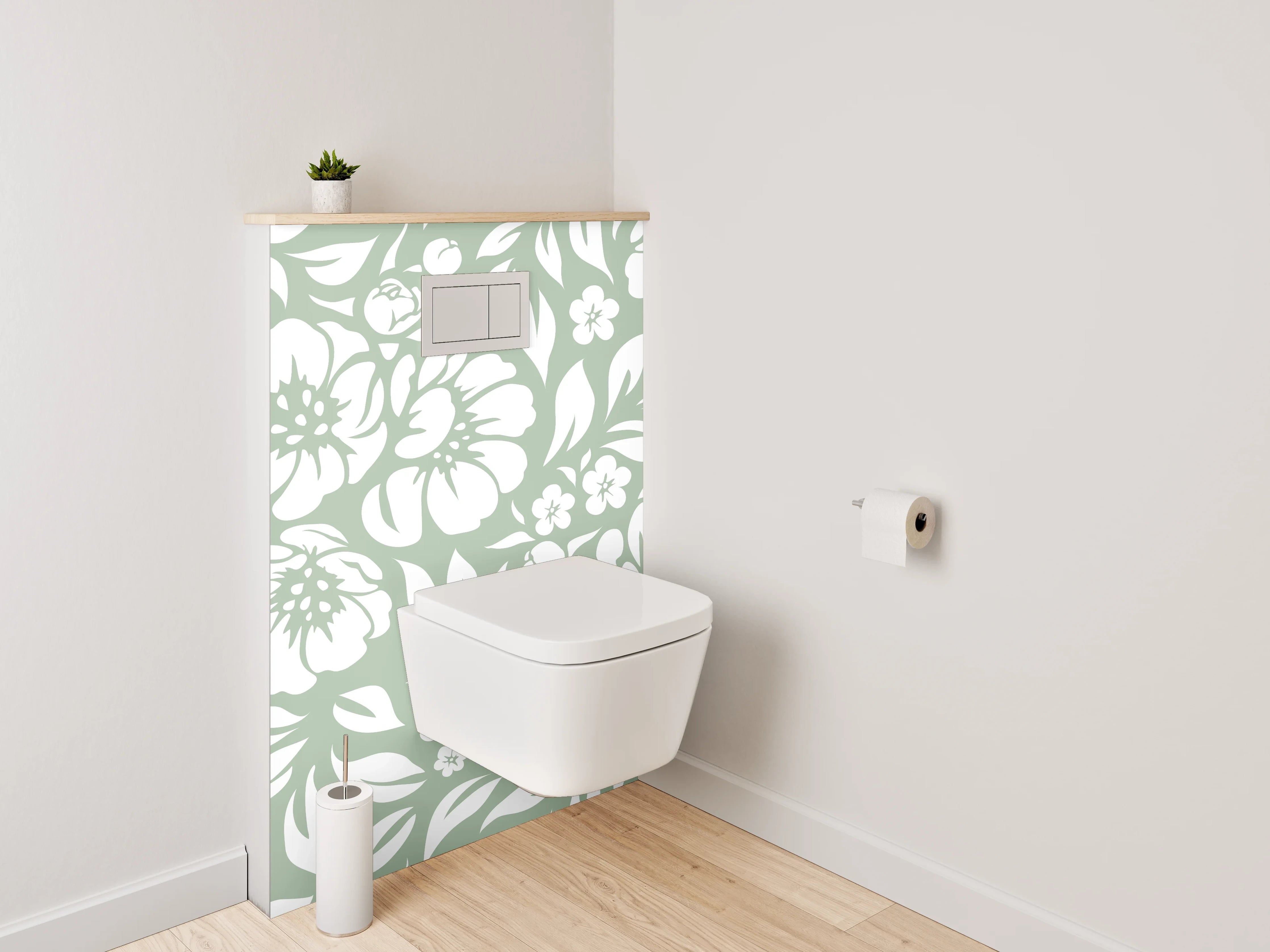 WC-Rückwand - Florales Muster grün-weiß Wanddesign