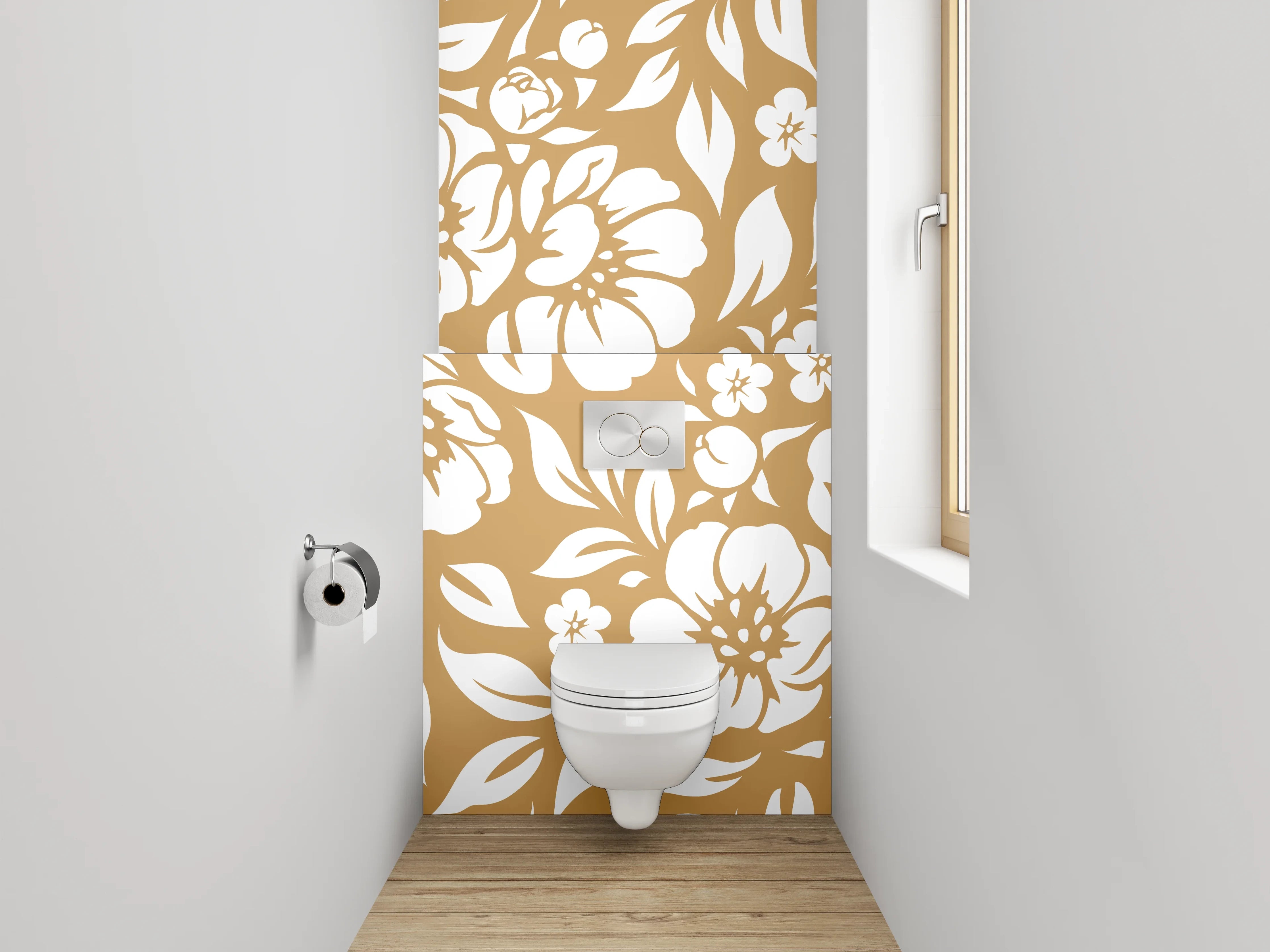 WC-Rückwand - Florales Muster in Beige und Weiß