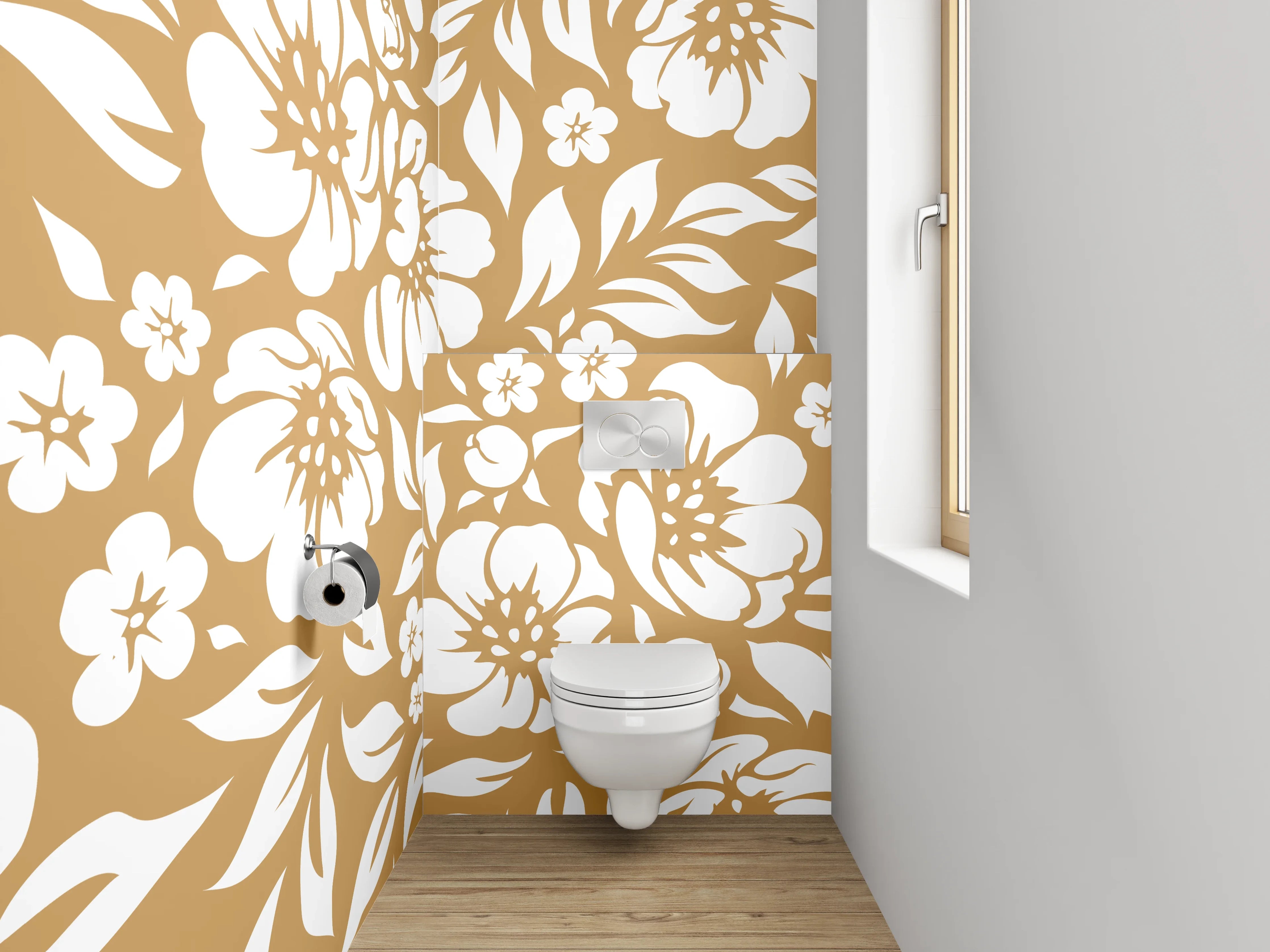 WC-Rückwand - Florales Muster in Beige und Weiß