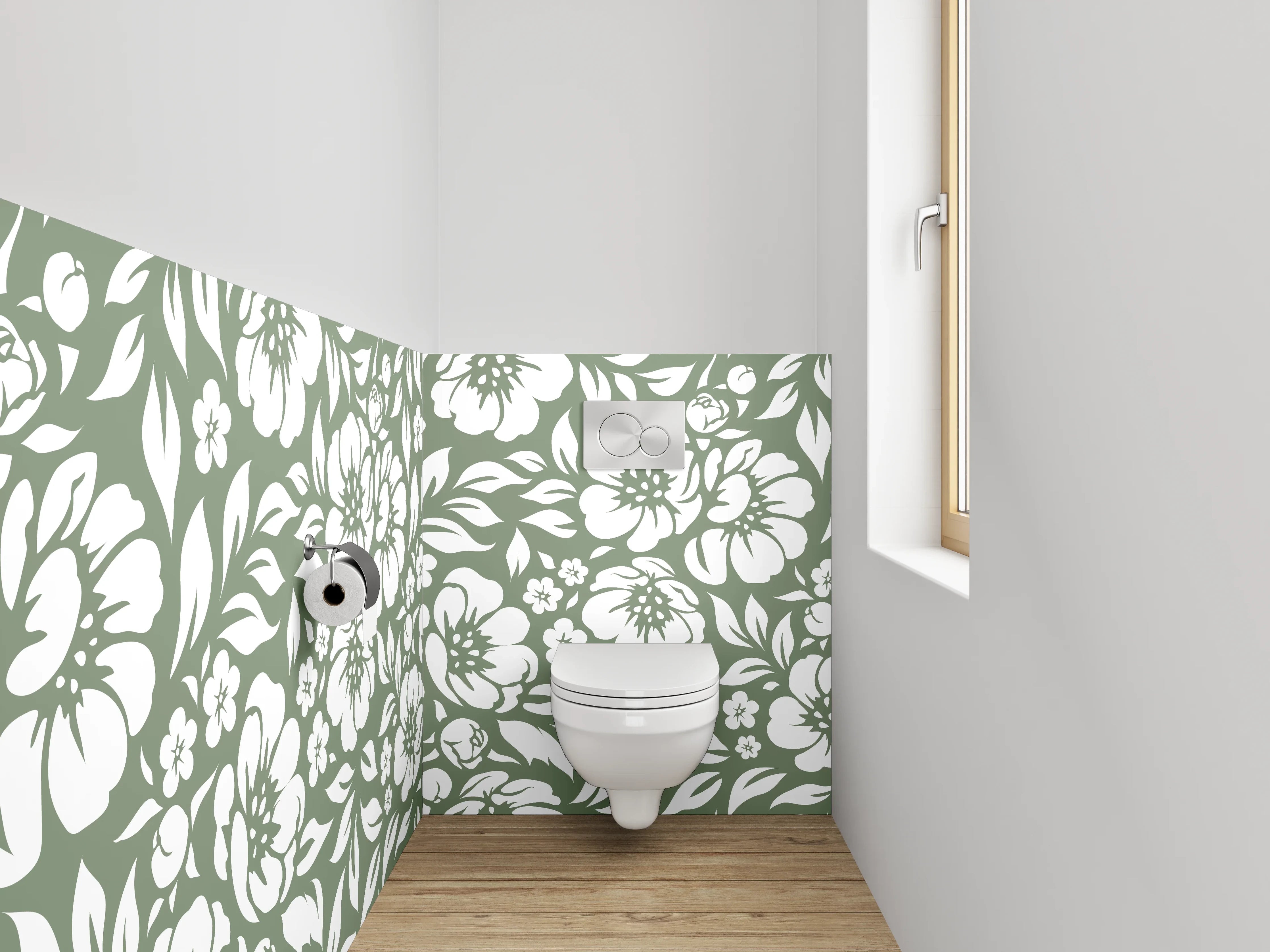 WC-Rückwand - Florales Muster in Weiß-Grün