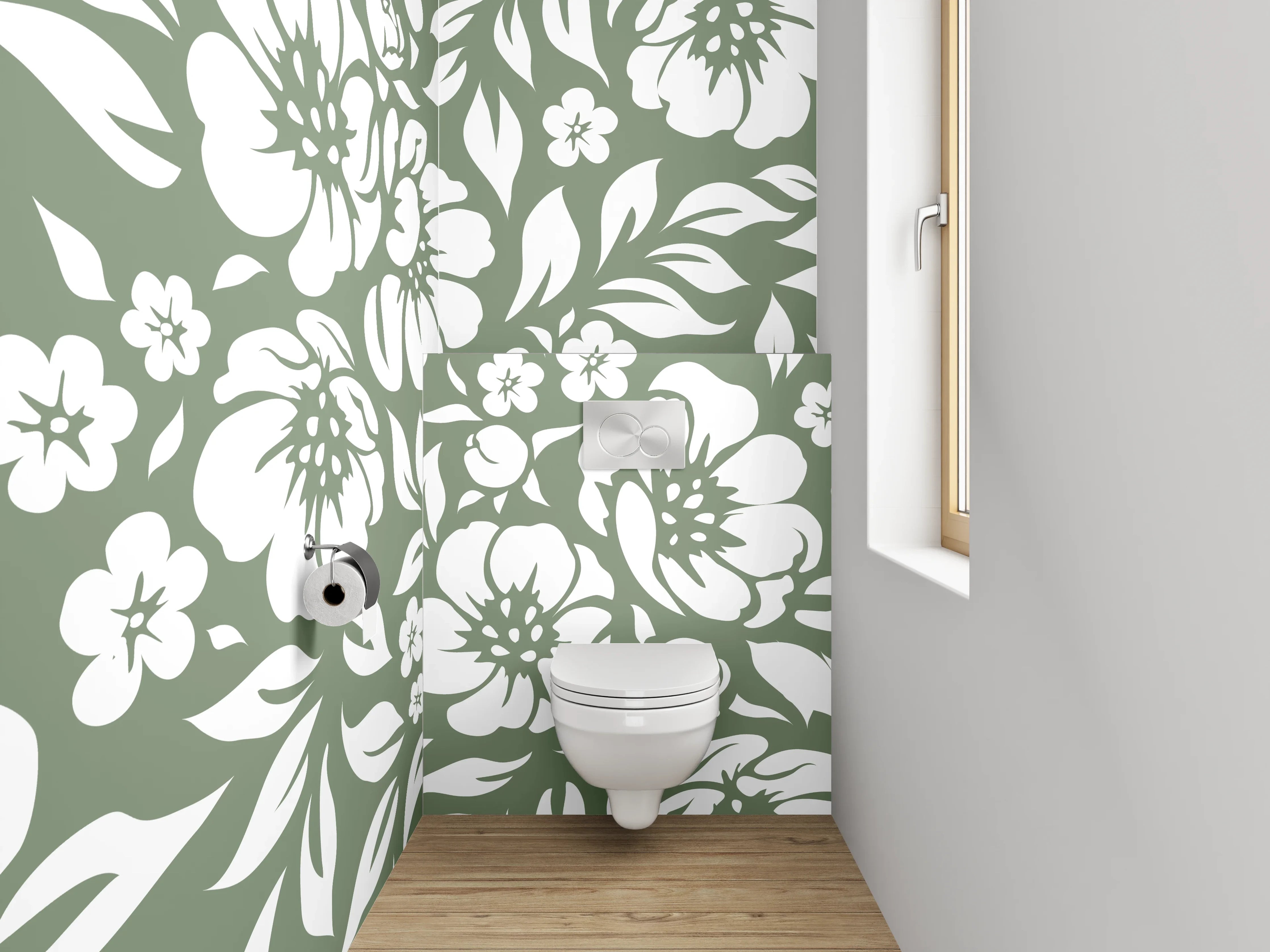 WC-Rückwand - Florales Muster in Weiß-Grün
