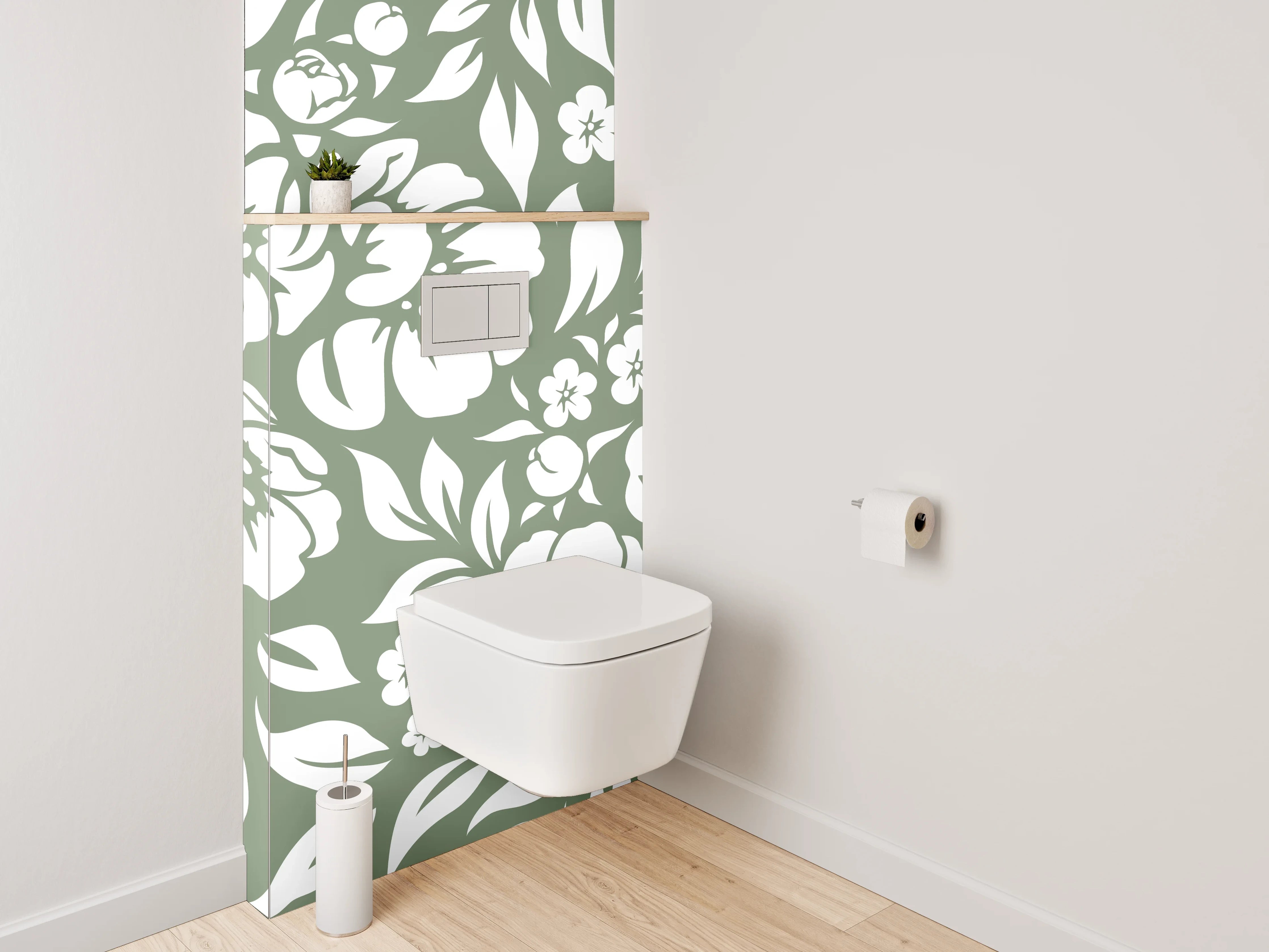 WC-Rückwand - Florales Muster in Weiß-Grün
