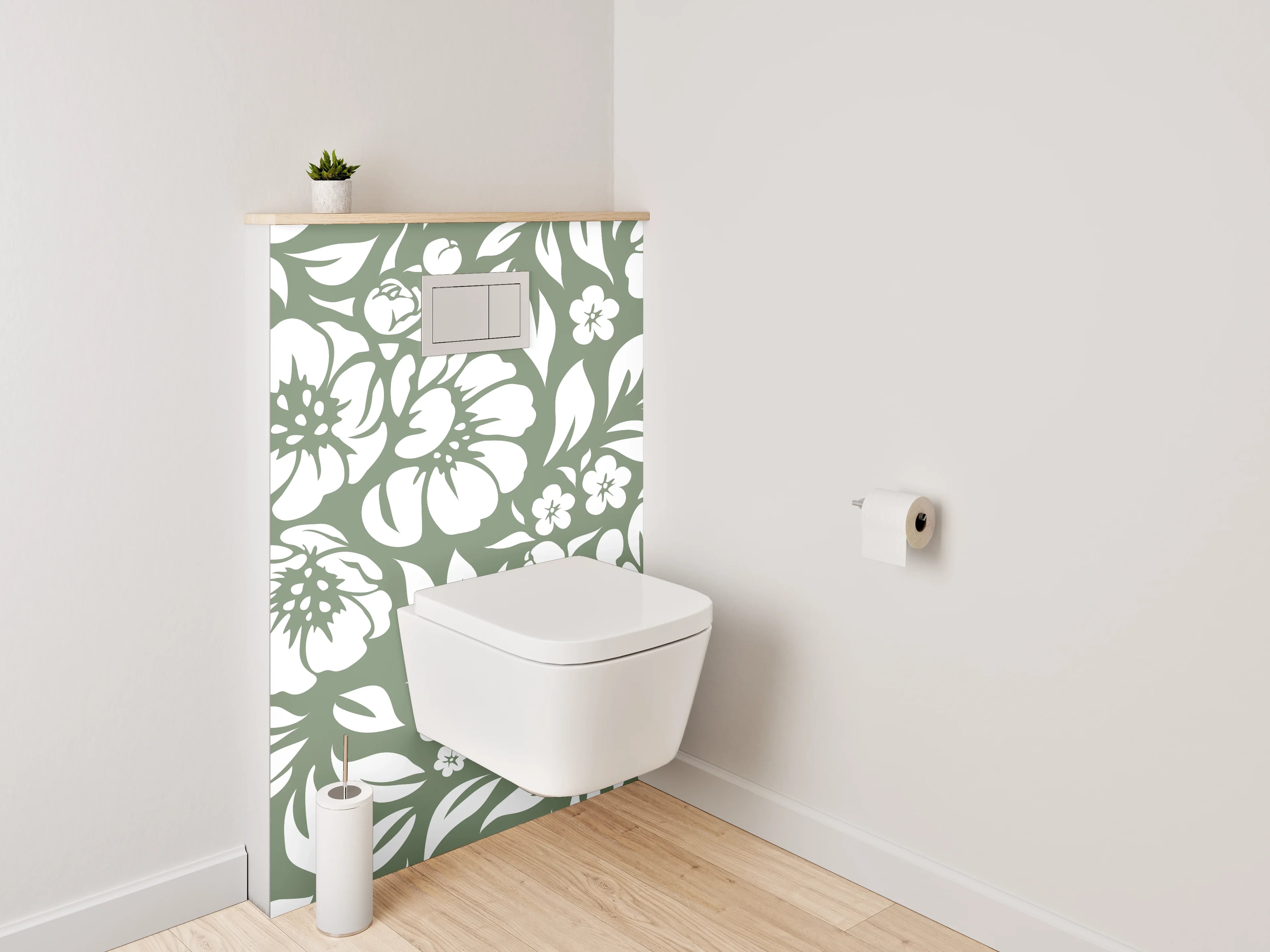 WC-Rückwand - Florales Muster in Weiß-Grün