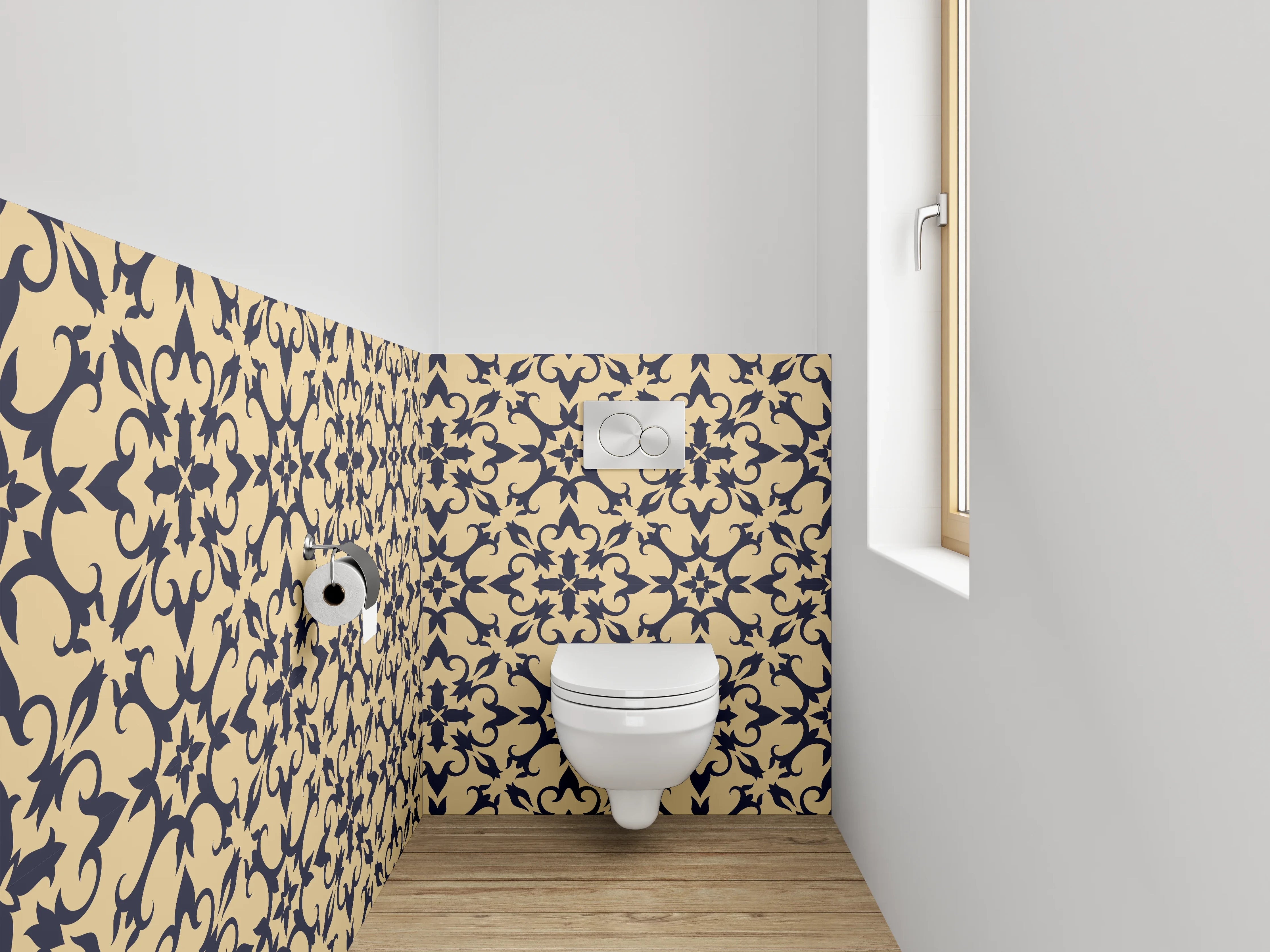 WC-Rückwand - Florales Ornament Muster Beige Schwarz
