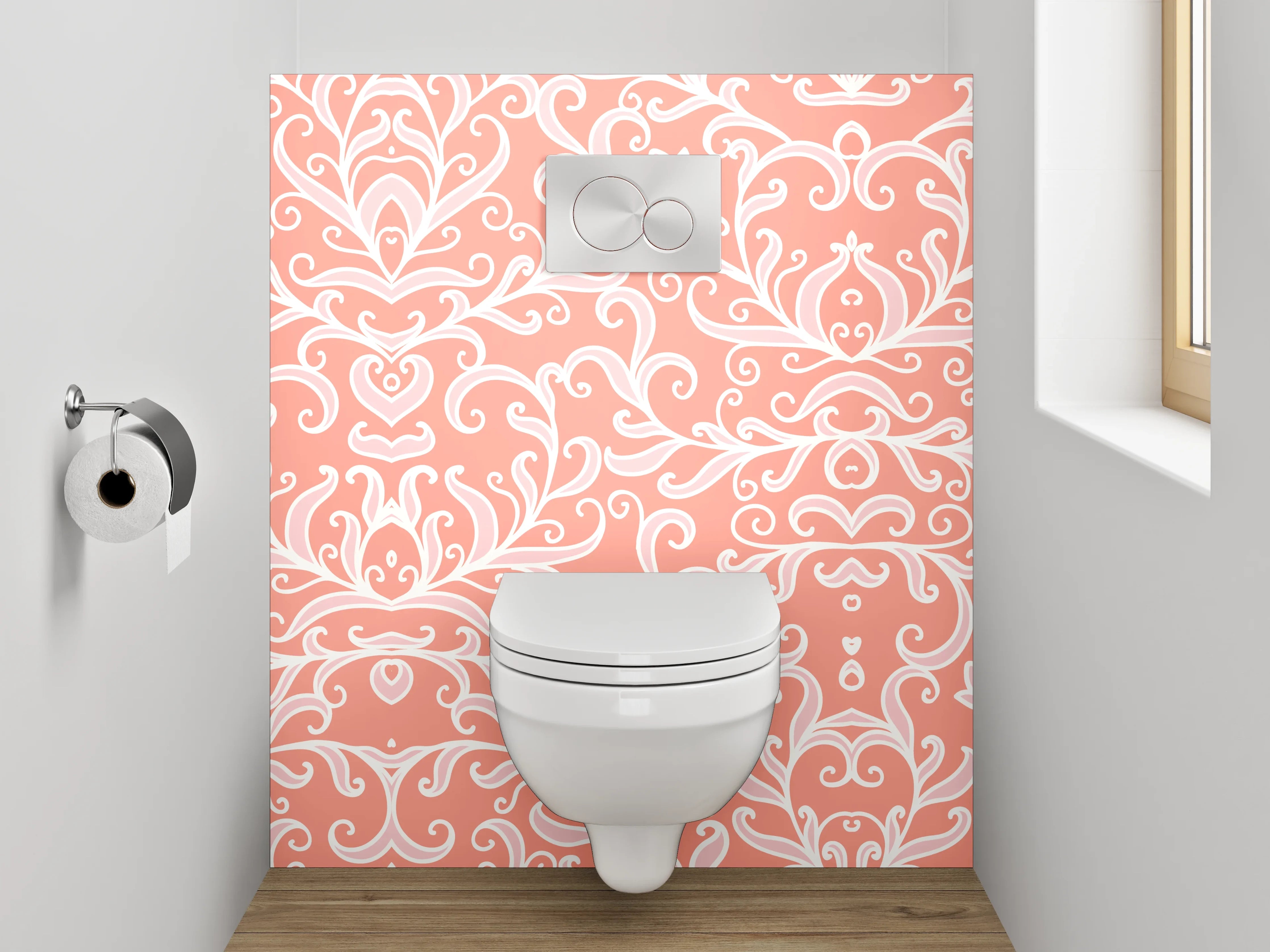 WC-Rückwand - Florales Ornament Rosa Weiß