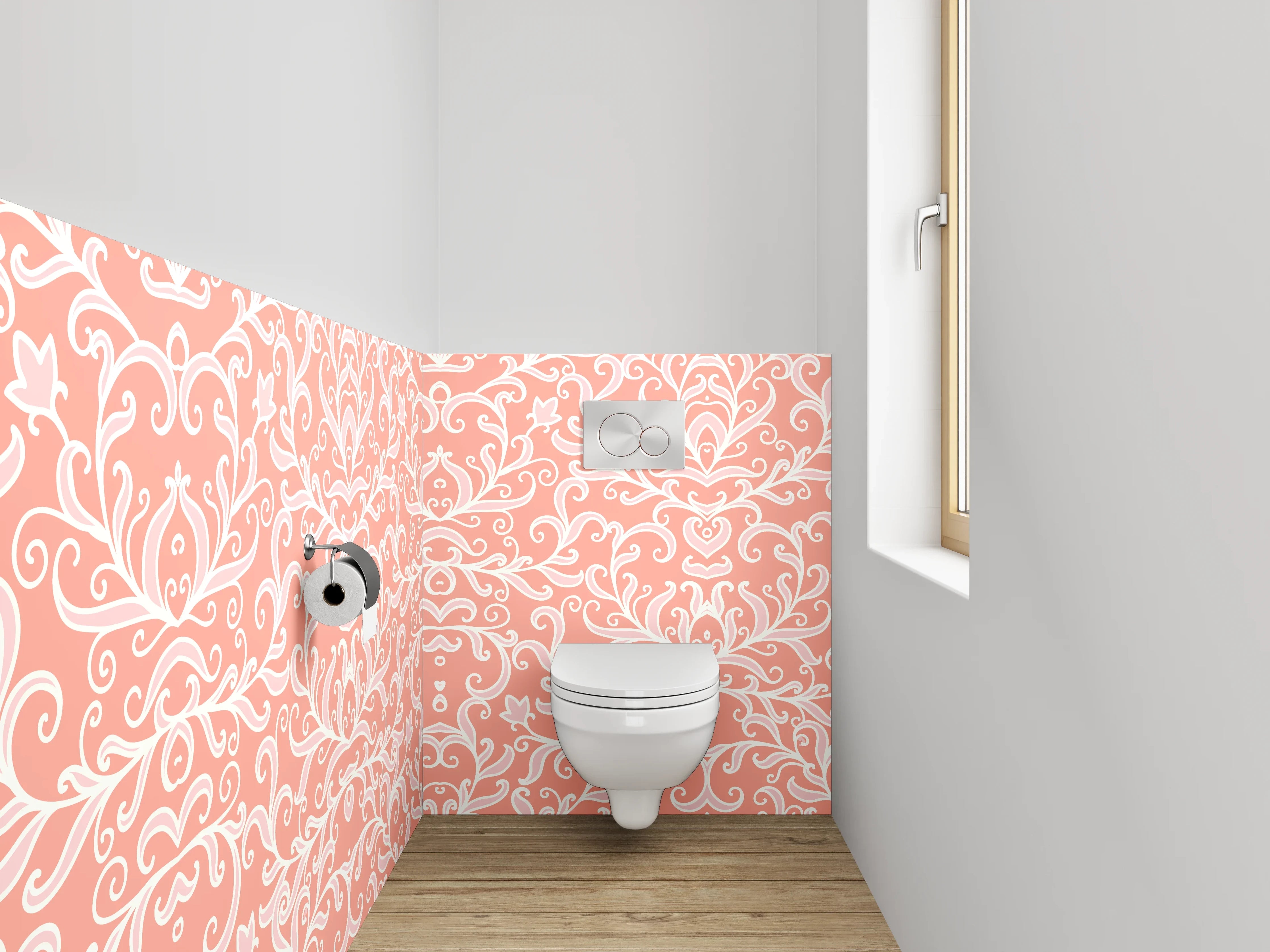 WC-Rückwand - Florales Ornament Rosa Weiß