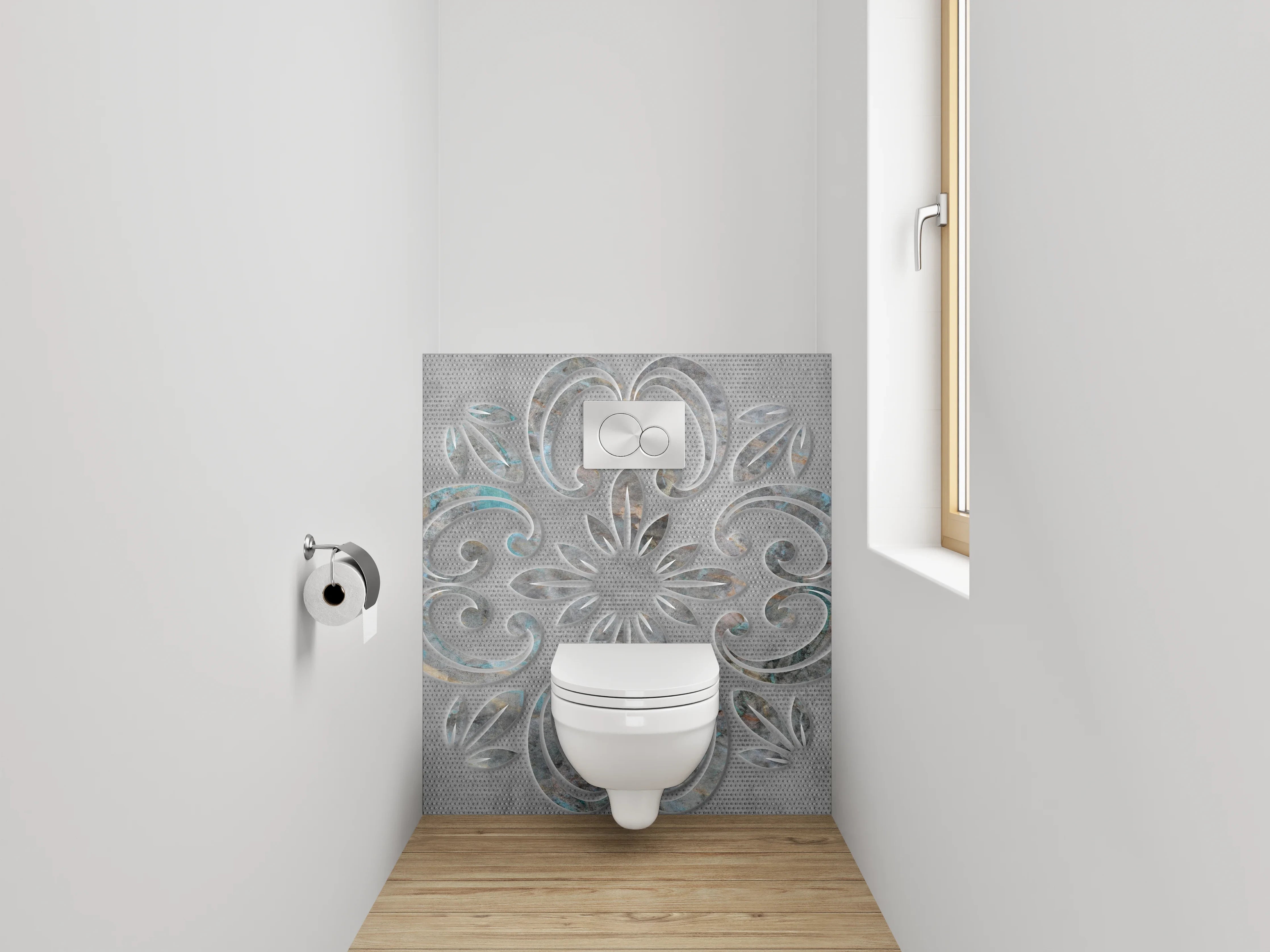 WC-Rückwand - Florales Ornament in Weiß-Grau