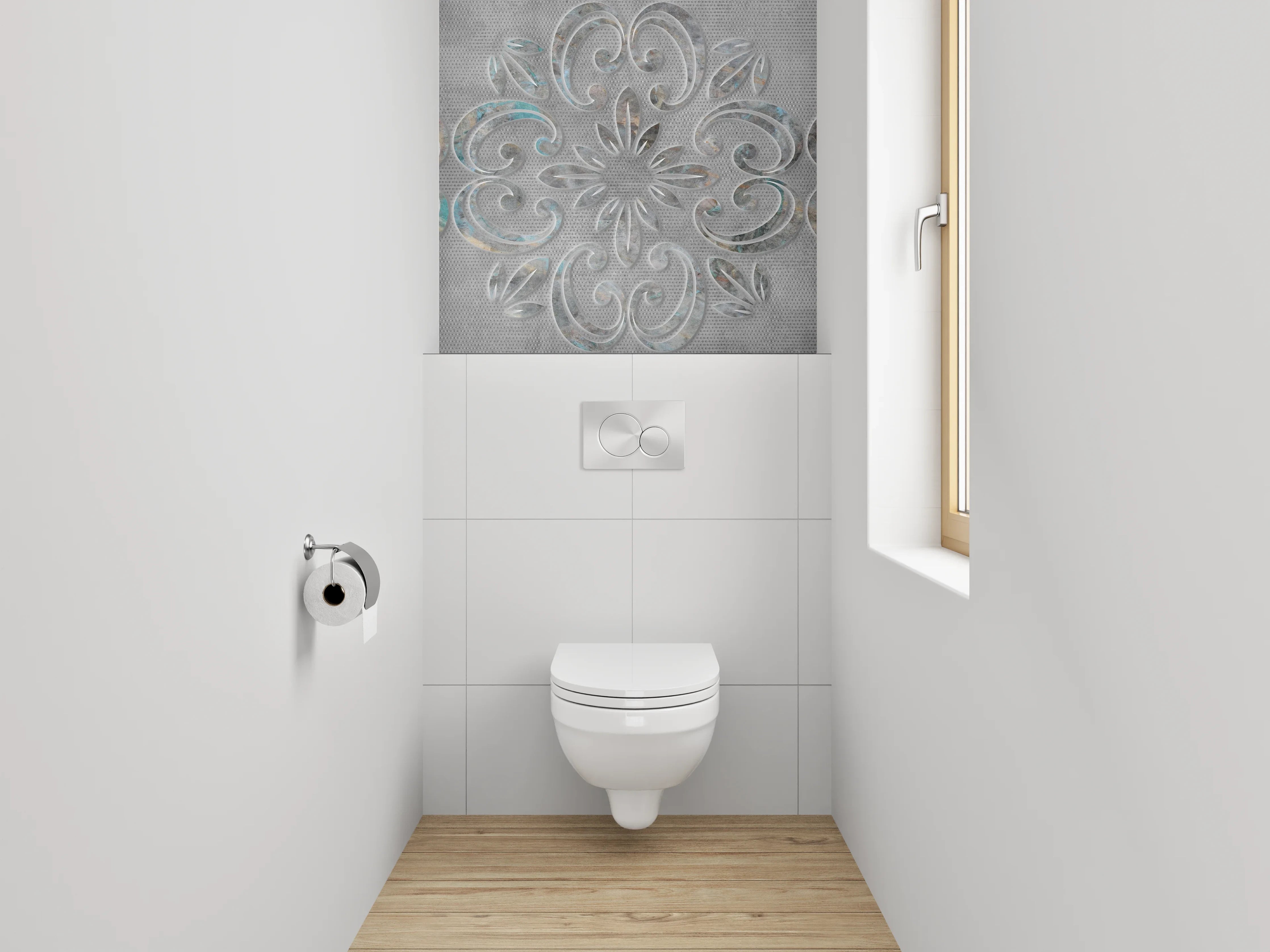 WC-Rückwand - Florales Ornament in Weiß-Grau