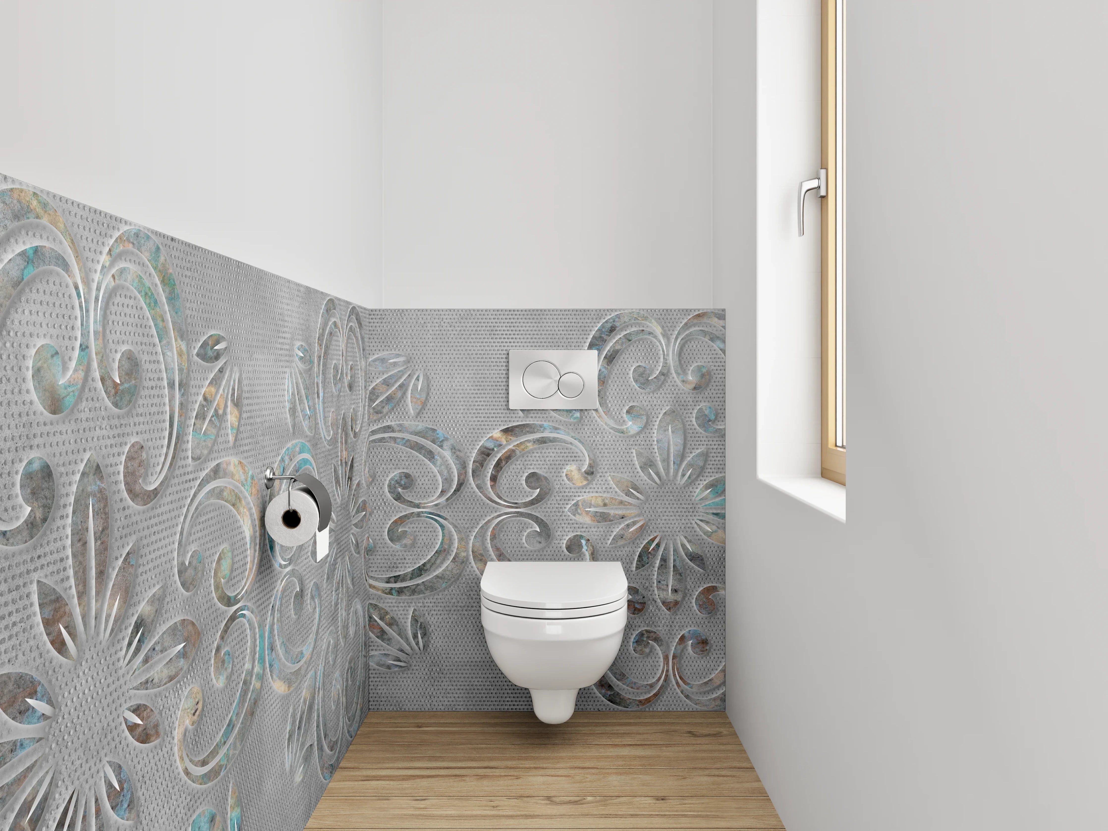 WC-Rückwand - Florales Ornament in Weiß-Grau