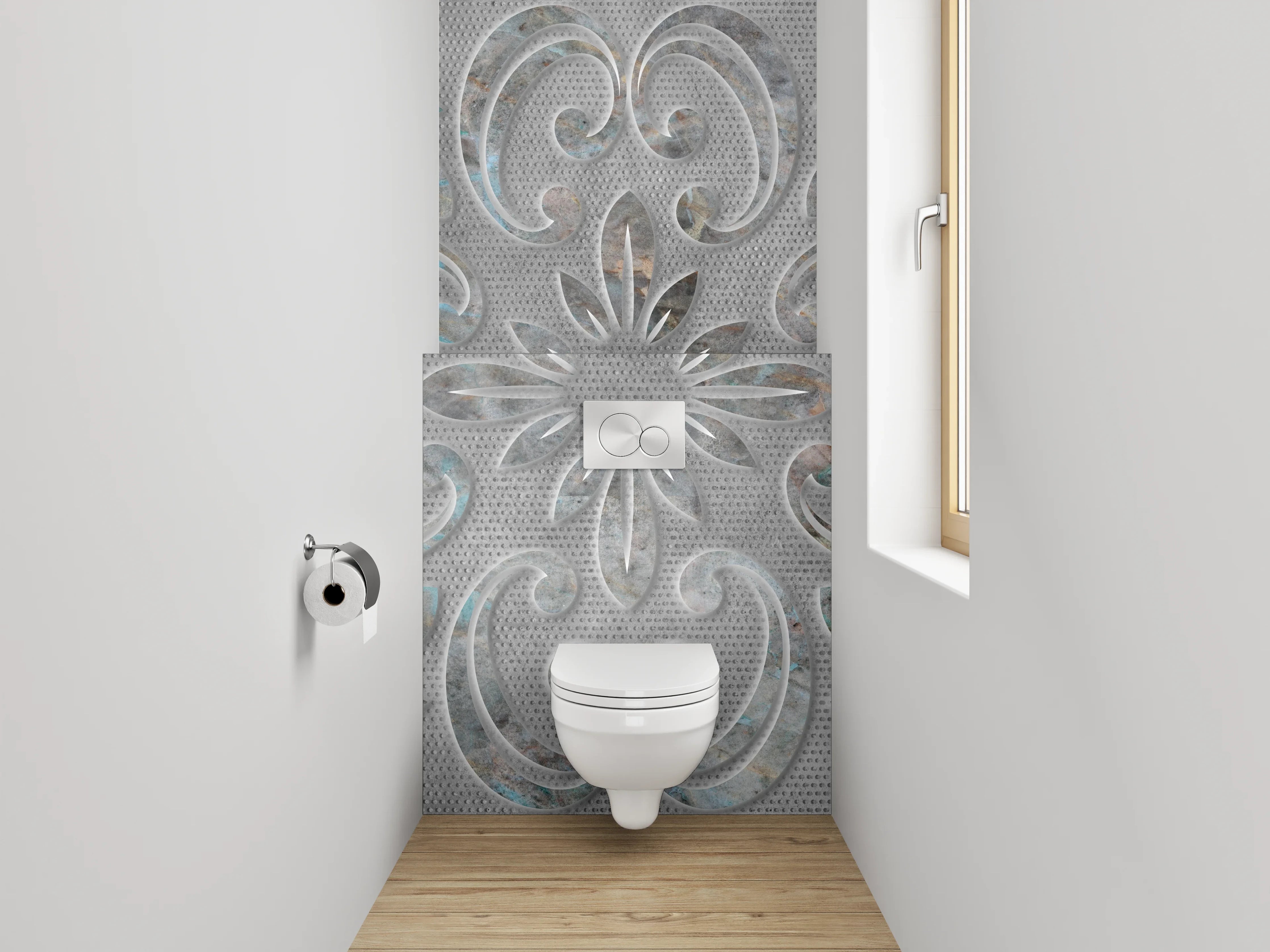 WC-Rückwand - Florales Ornament in Weiß-Grau