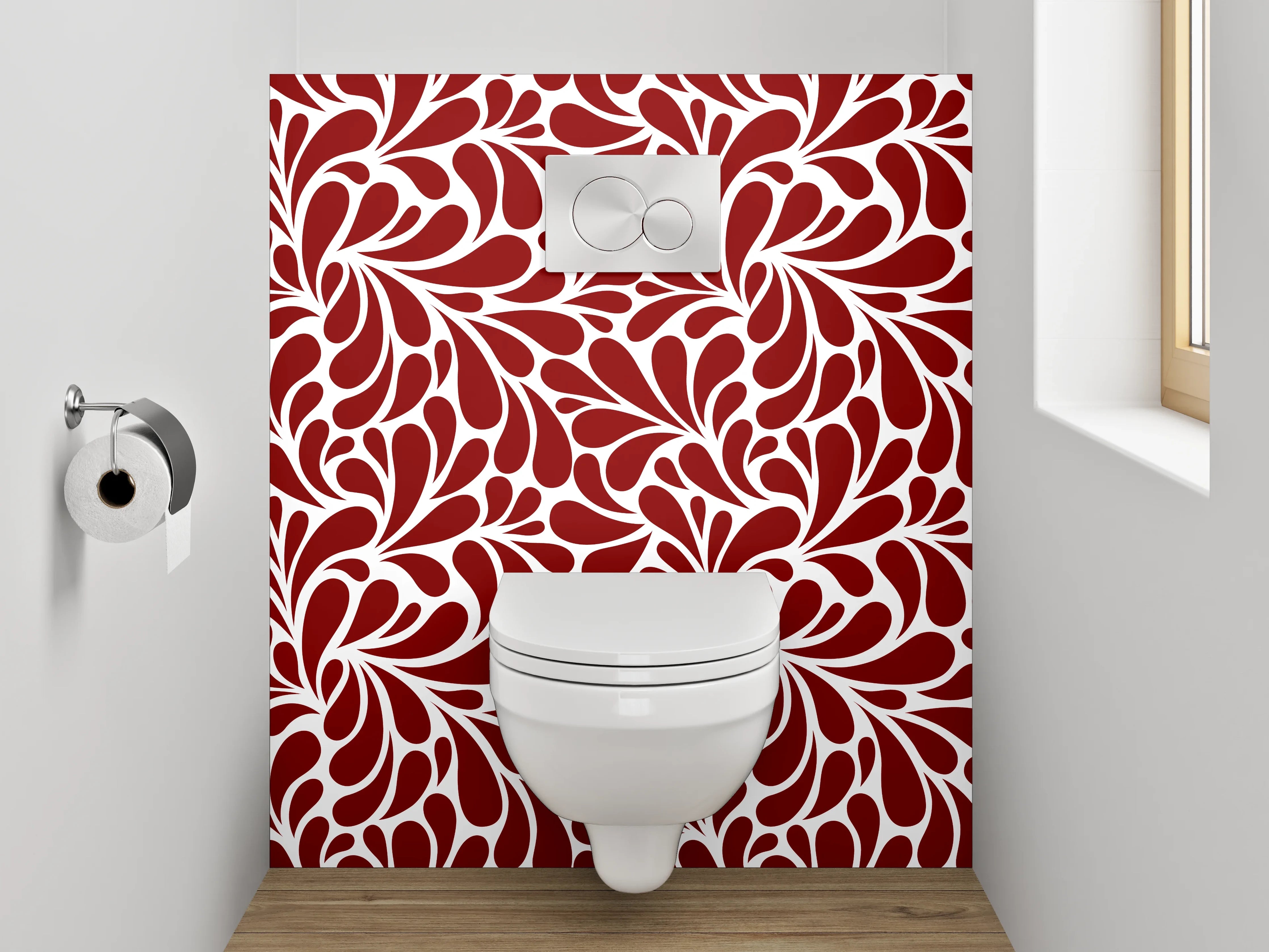 WC-Rückwand - Florales Ornamentmuster in Rot-Weiß