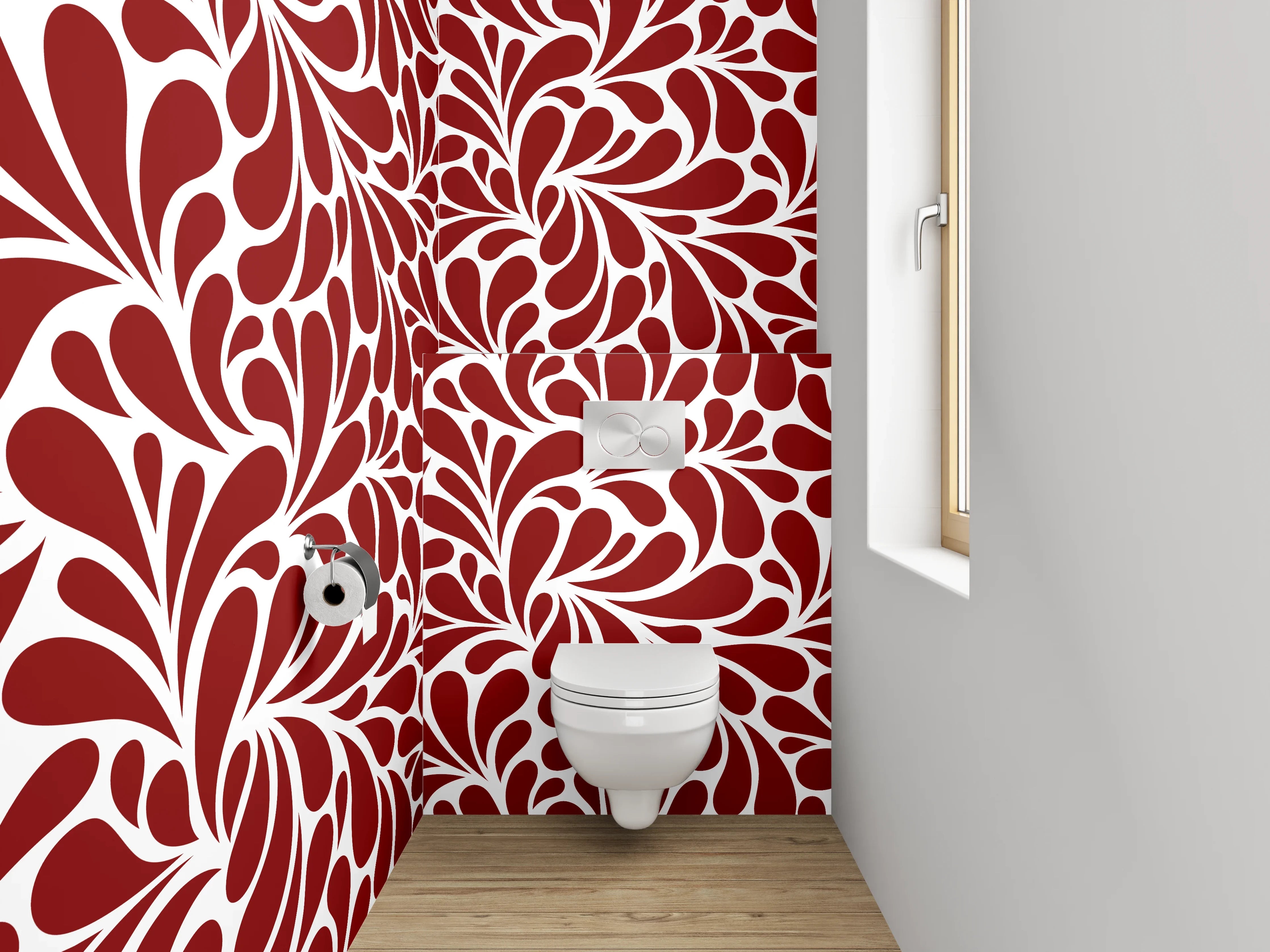WC-Rückwand - Florales Ornamentmuster in Rot-Weiß
