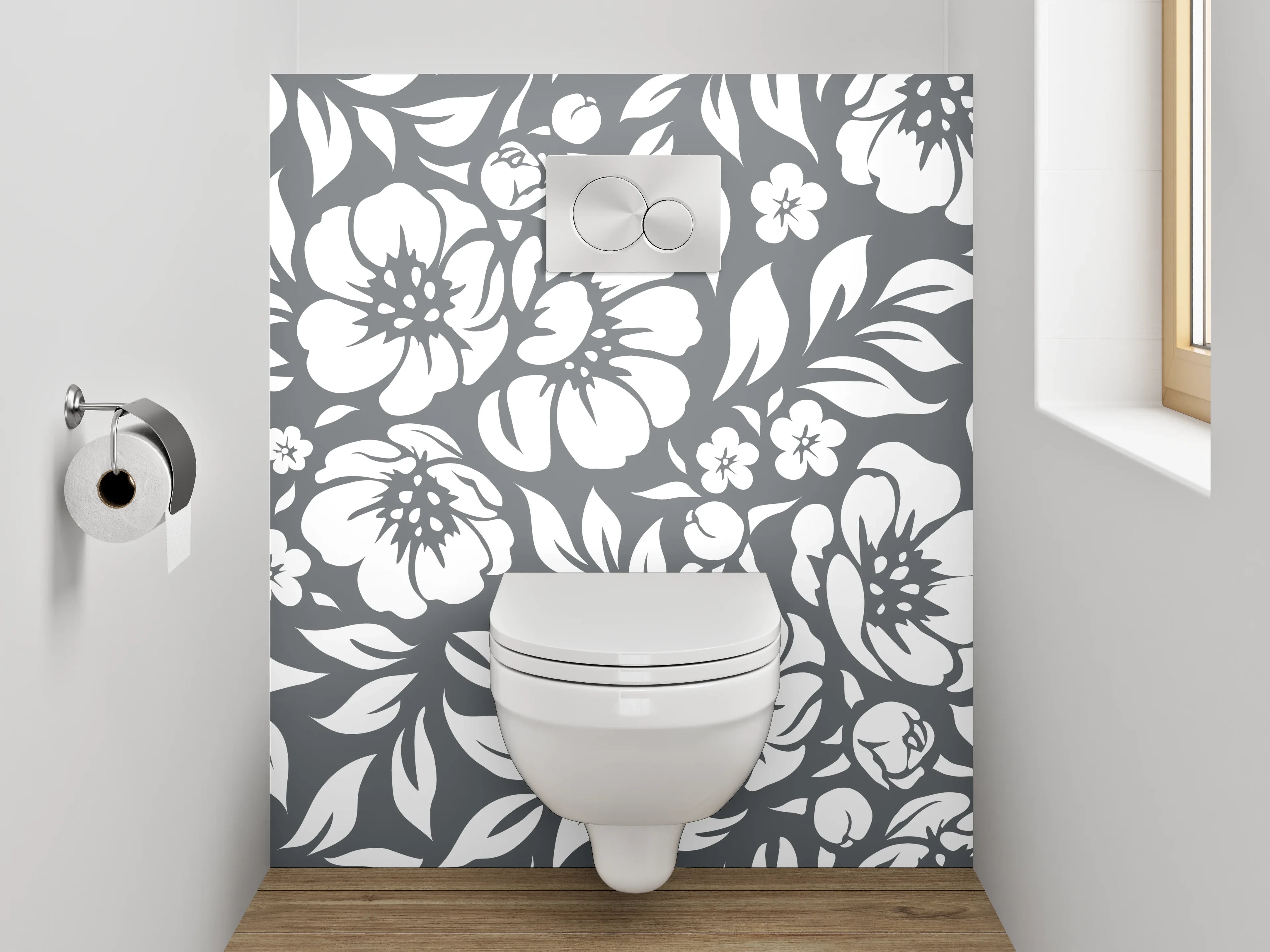 WC-Rückwand - Florales Schwarz-Weiß Blumenmuster