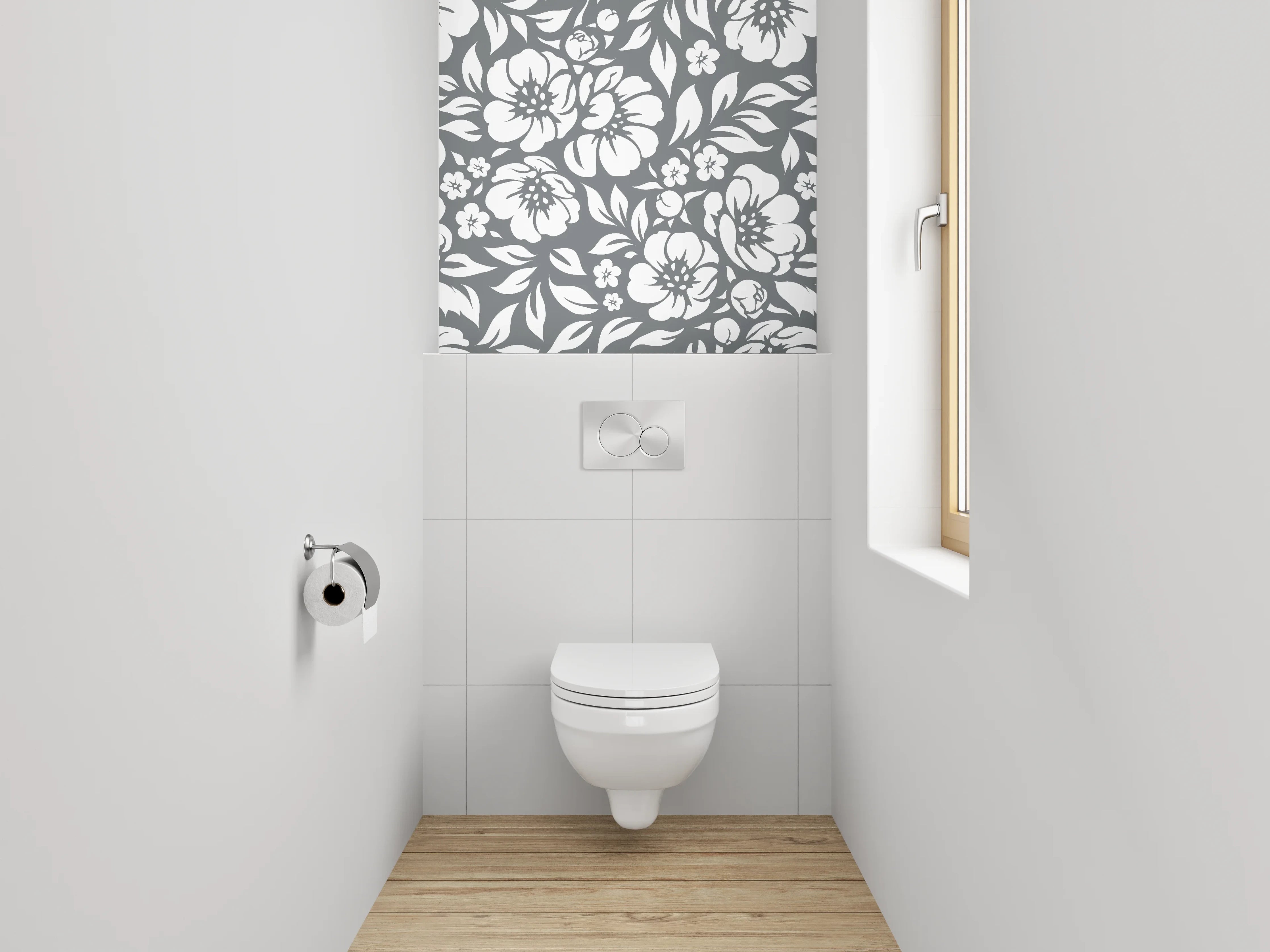 WC-Rückwand - Florales Schwarz-Weiß Blumenmuster