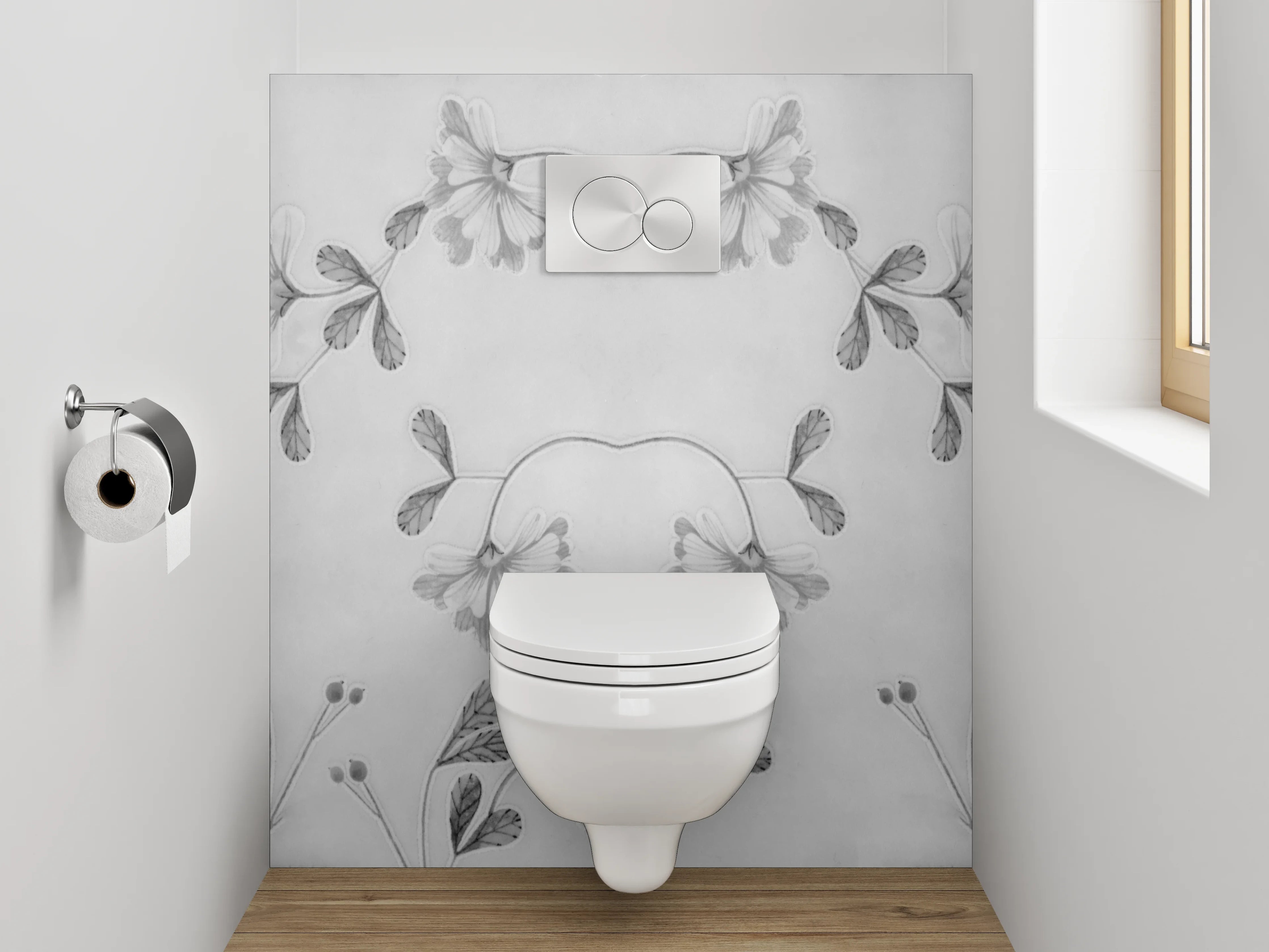 WC-Rückwand - Florales Schwarz-Weiß Muster auf Grau