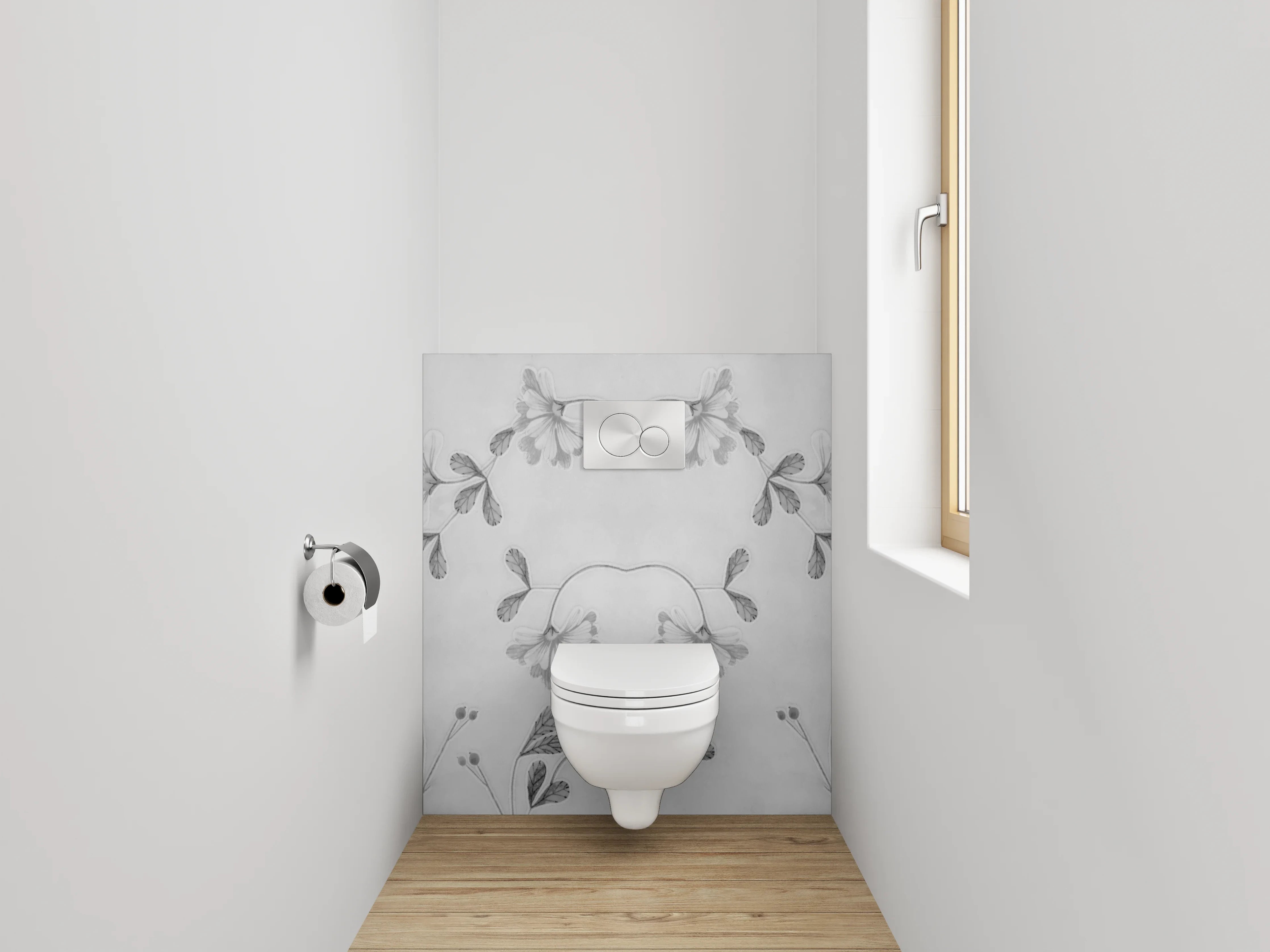 WC-Rückwand - Florales Schwarz-Weiß Muster auf Grau