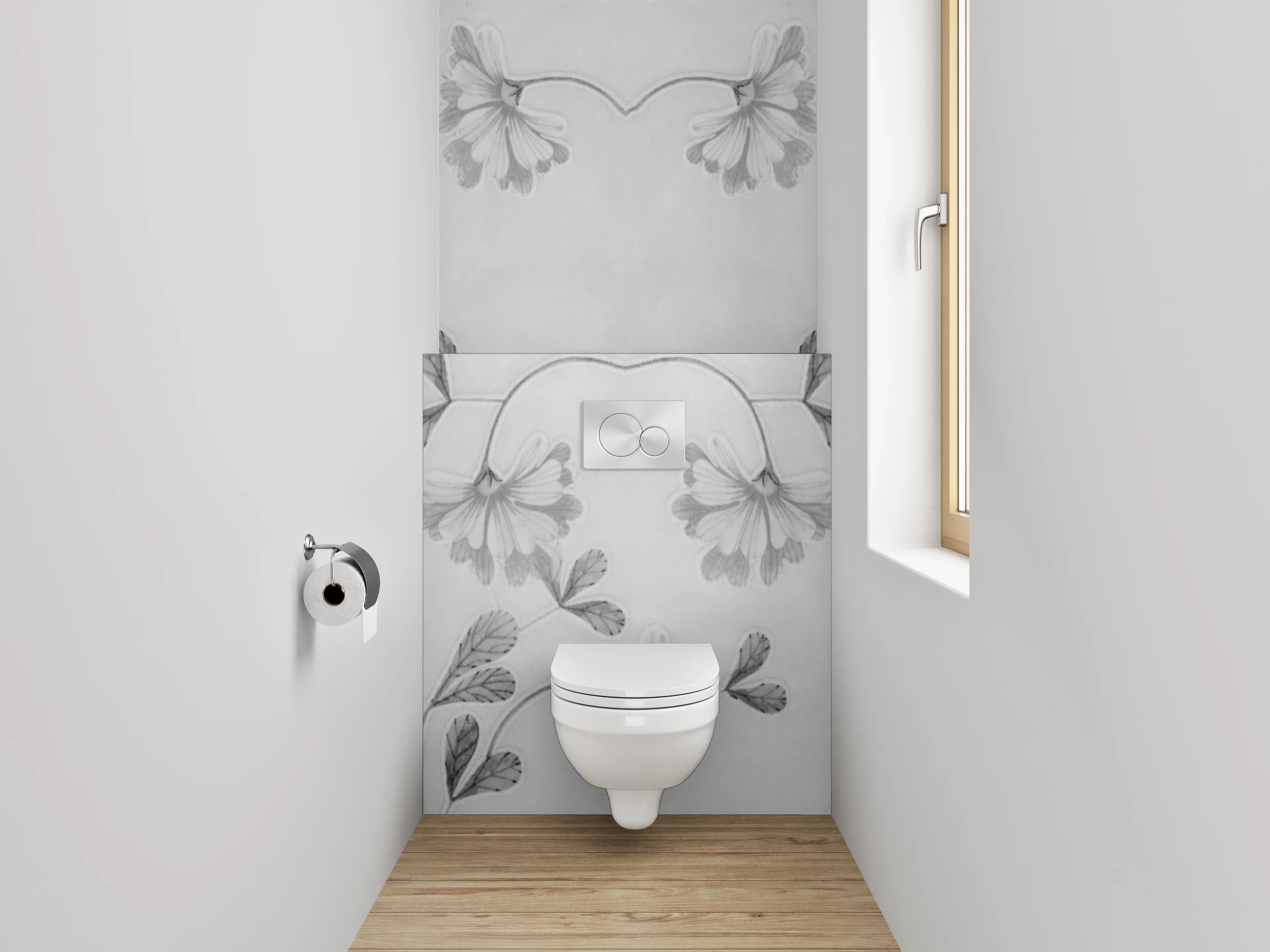 WC-Rückwand - Florales Schwarz-Weiß Muster auf Grau