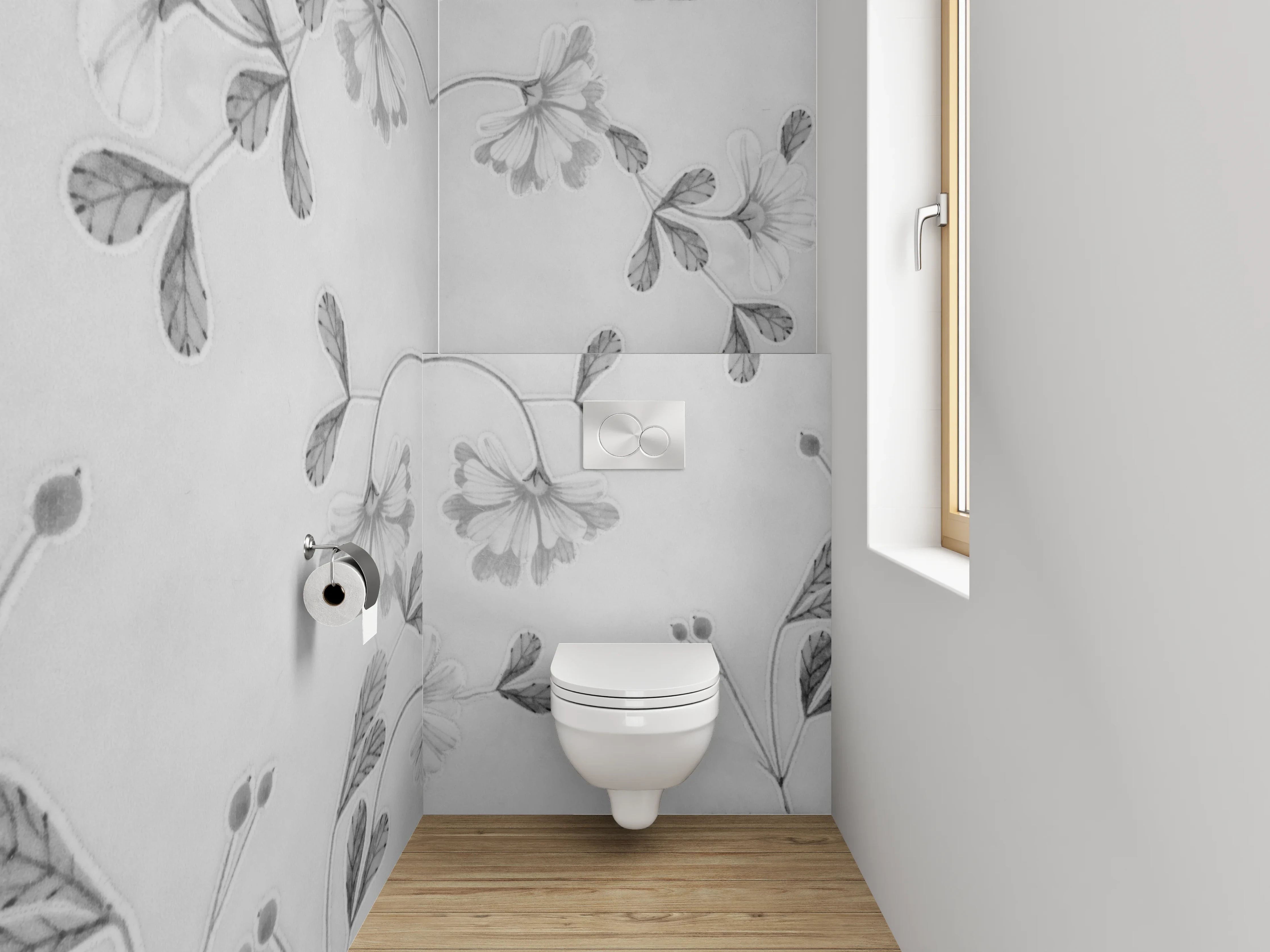WC-Rückwand - Florales Schwarz-Weiß Muster auf Grau