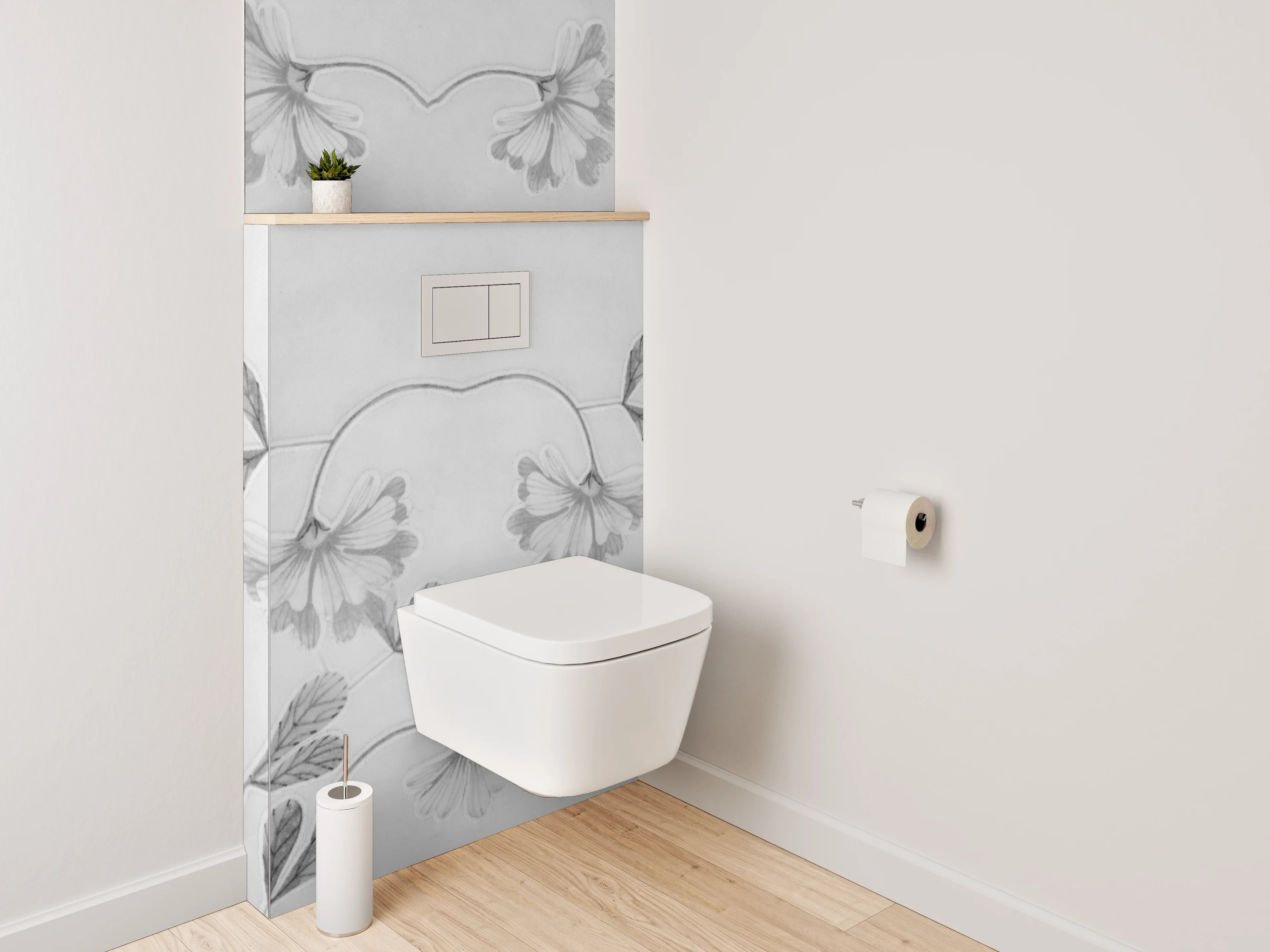 WC-Rückwand - Florales Schwarz-Weiß Muster auf Grau