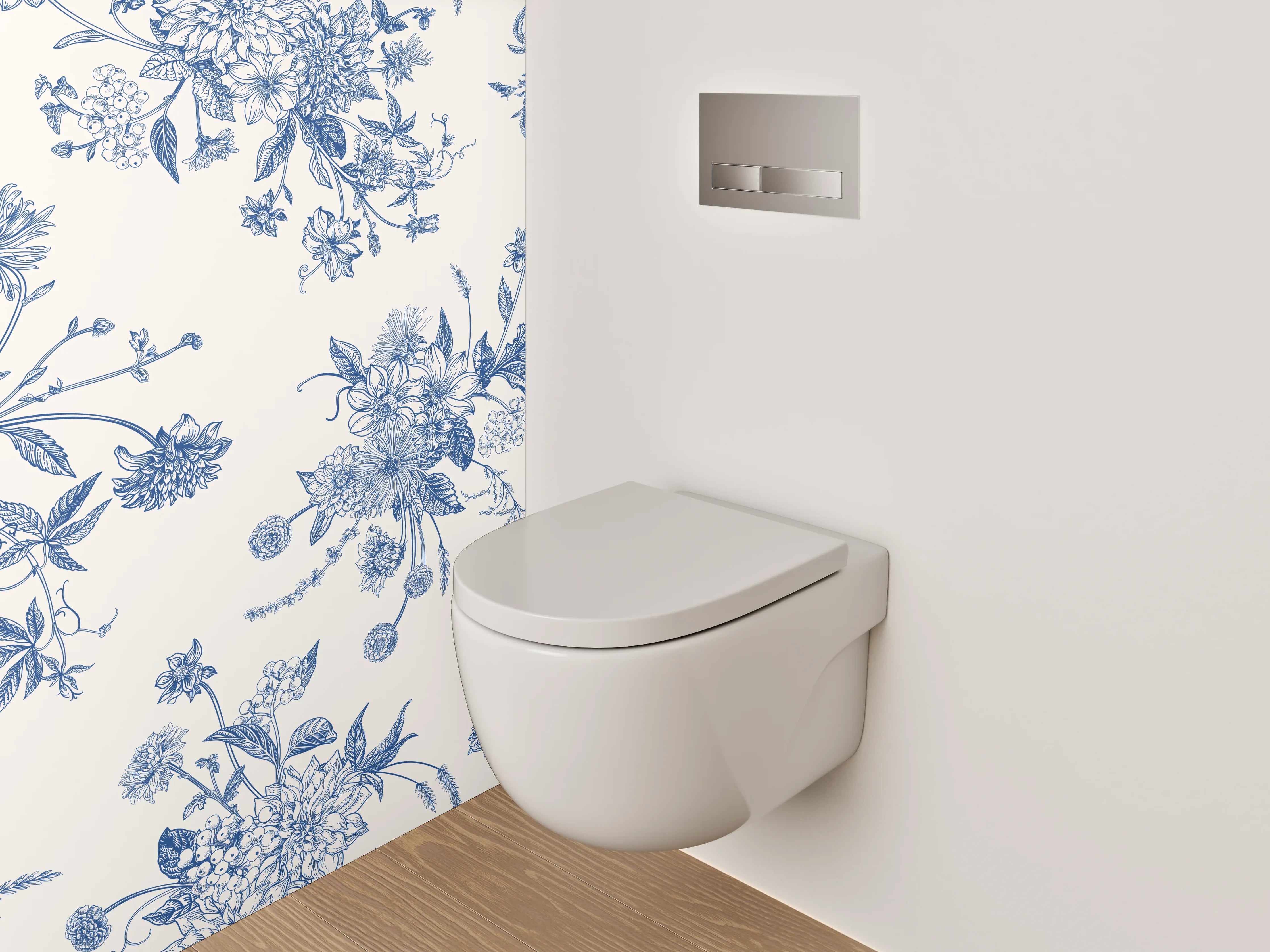 WC-Rückwand - Florales Toile-de-Jouy Muster Blau Weiß